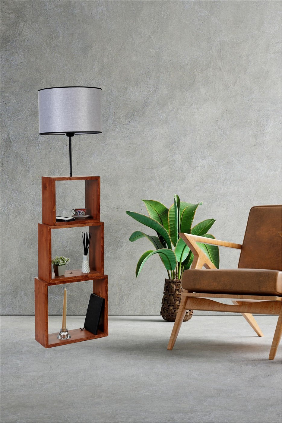 Candeeiro de Pé – 140 cm – Cinza – Metal e Madeira