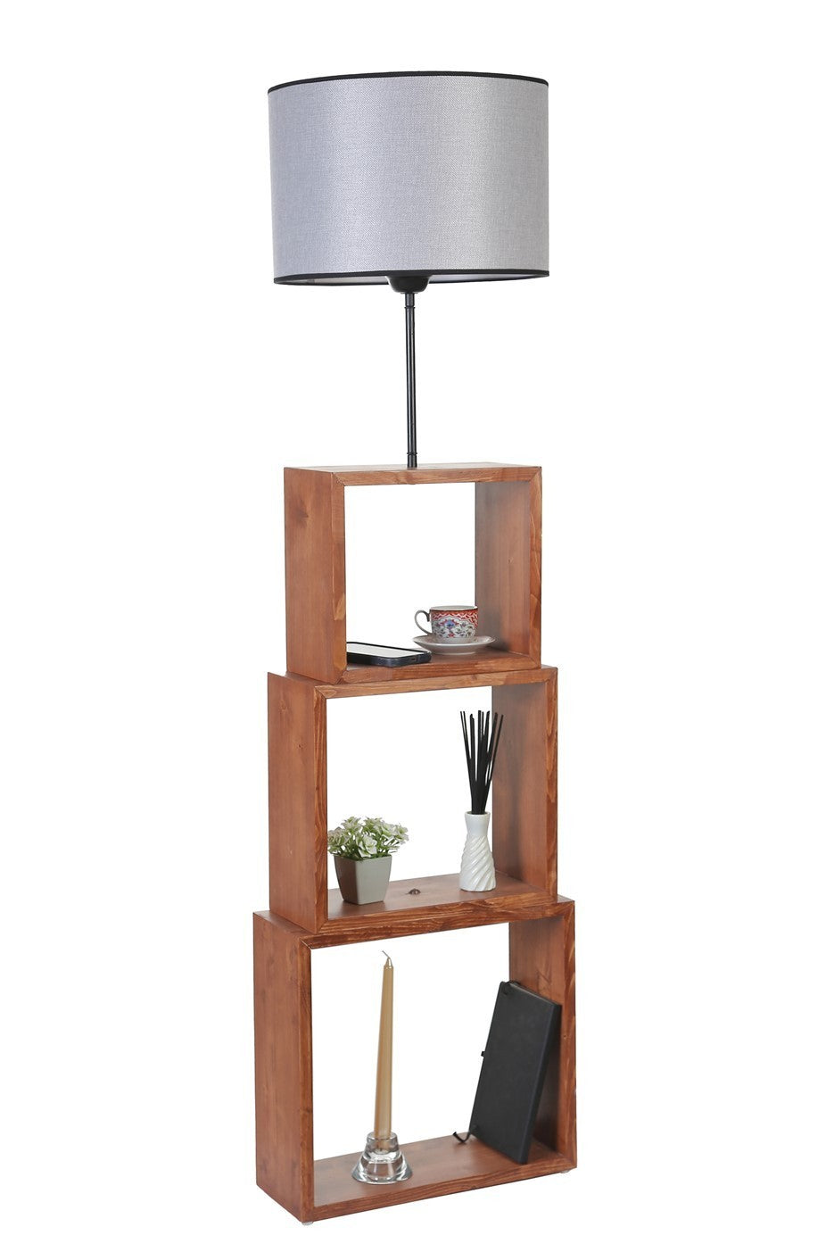 Candeeiro de Pé – 140 cm – Cinza – Metal e Madeira