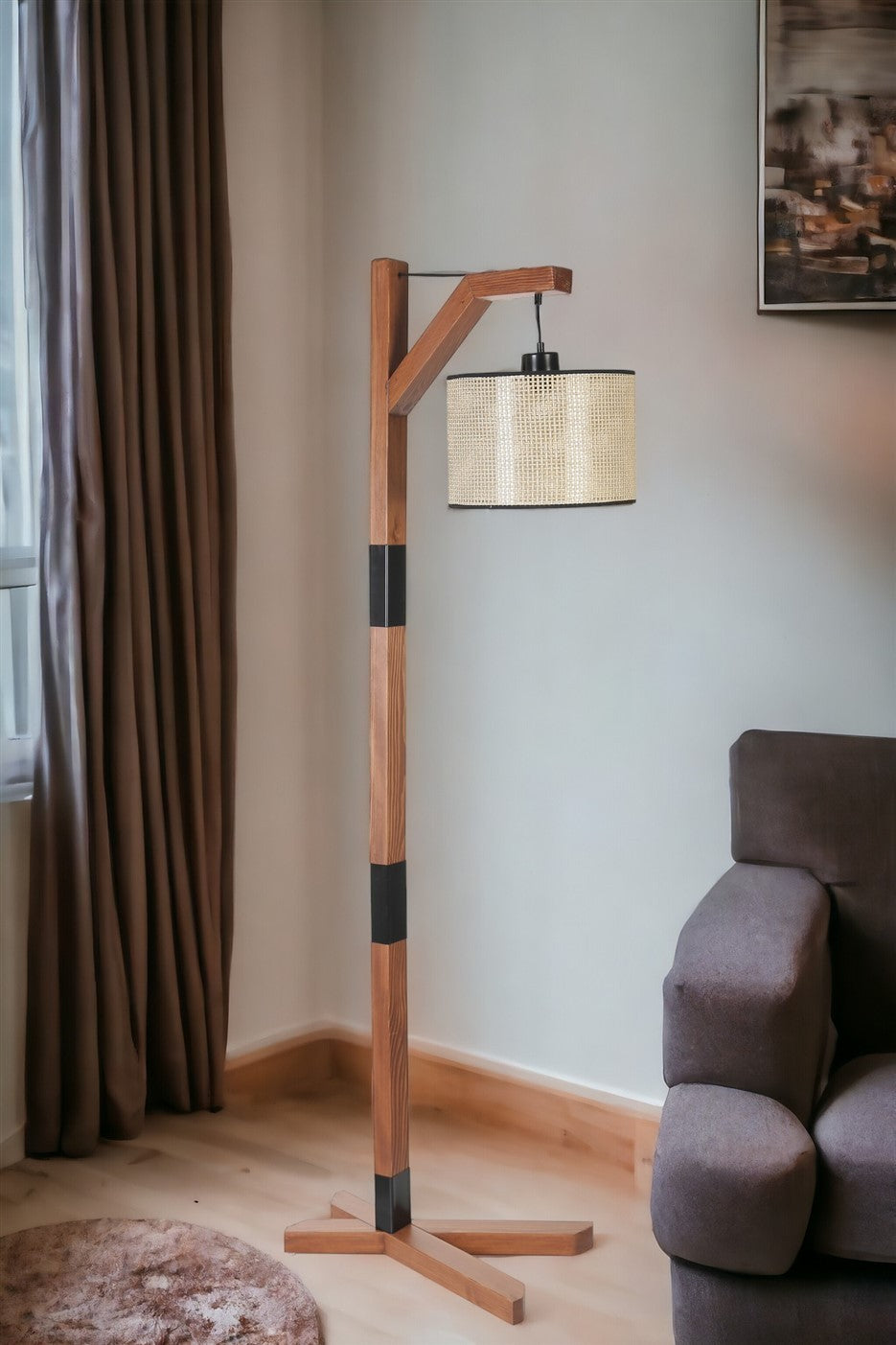 Candeeiro de Pé – 175 cm – Nogueira e Bege – Metal