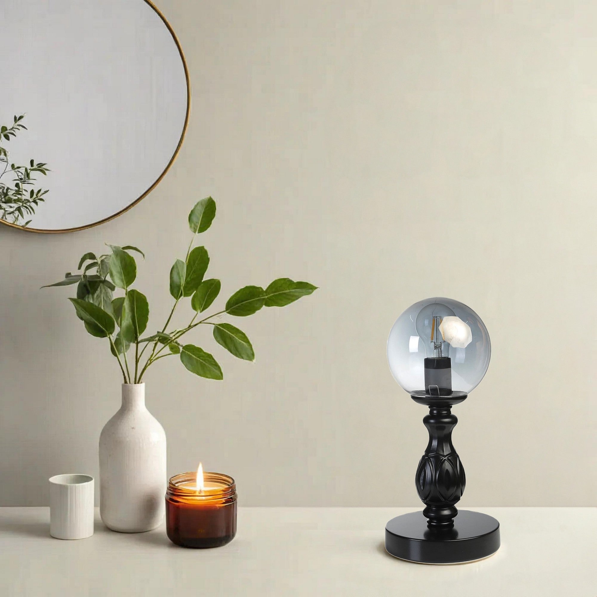 Candeeiro de Mesa – 35 cm – Preto e Fumê – Metal e Vidro