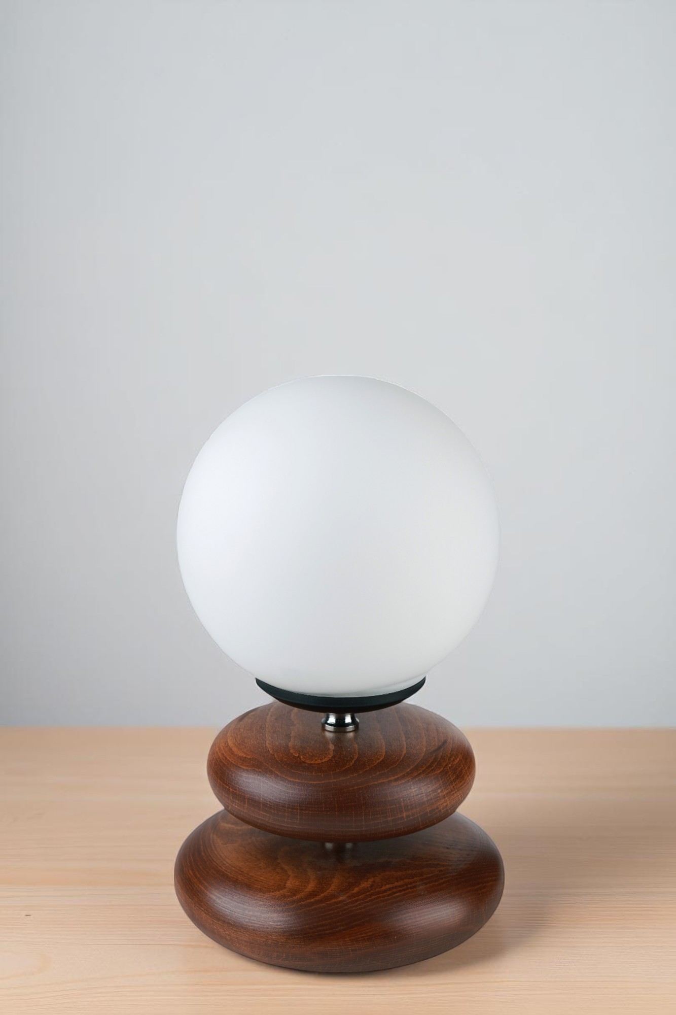 Candeeiro de Mesa de Madeira – Ø15 cm – Branco e Nogueira – Vidro