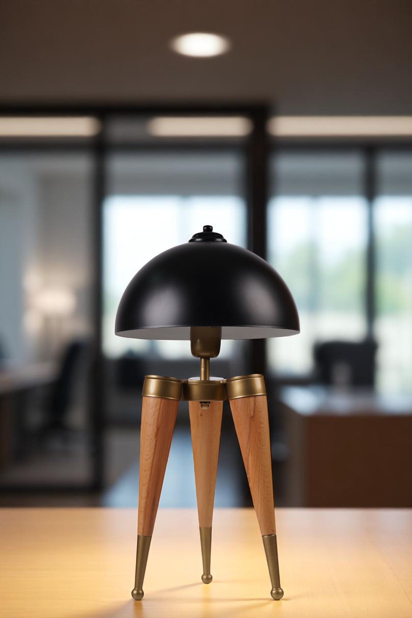 Candeeiro de Mesa de Madeira – 50 cm de Altura – Preto e Carvalho – Metal
