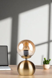 Candeeiro de Mesa de madeira – 28 cm de altura – Mel e Dourado – Vidro