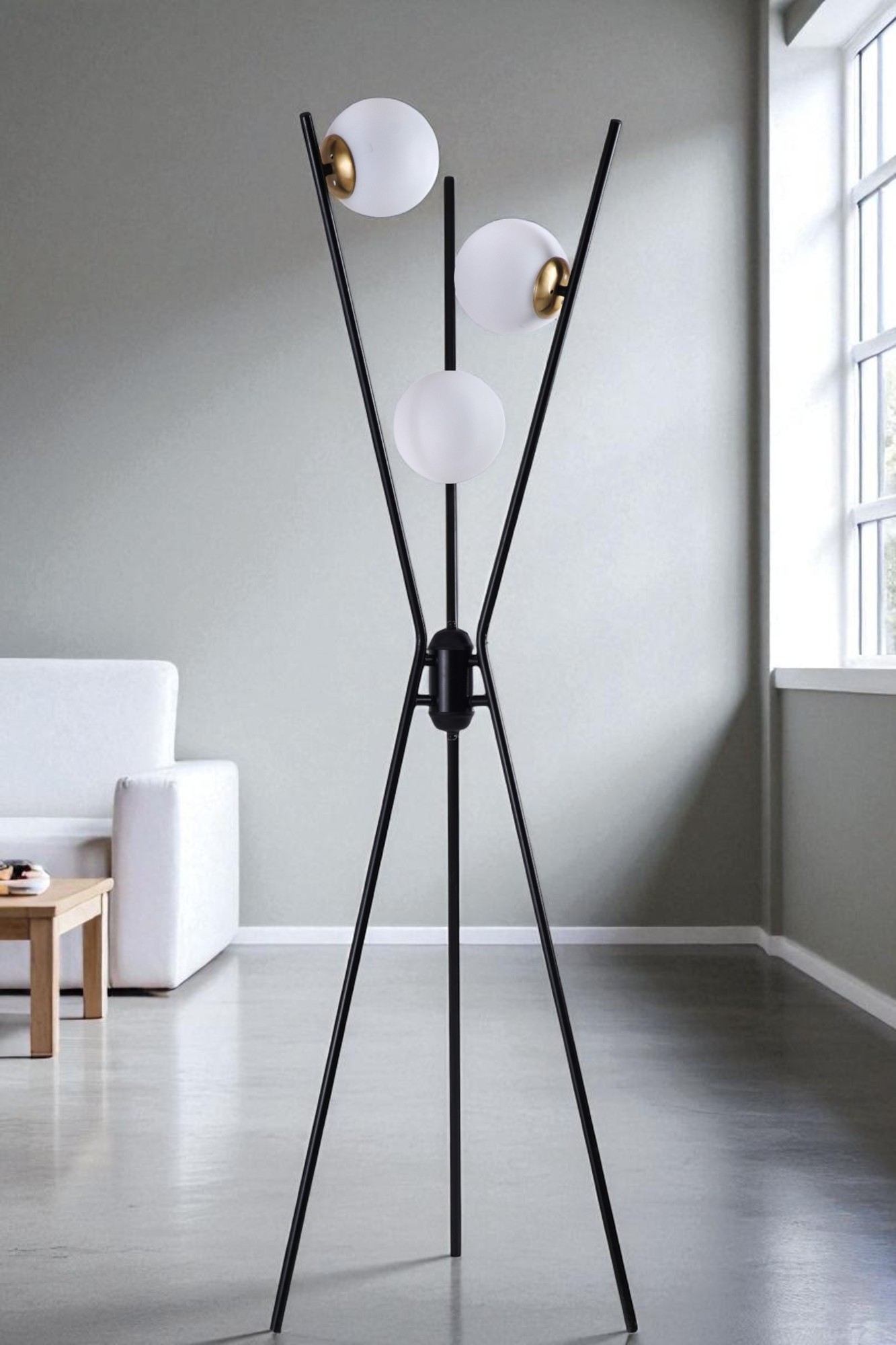 Candeeiro de Pé – 155 cm – Preto, Dourado e Branco – Metálico e Vidro