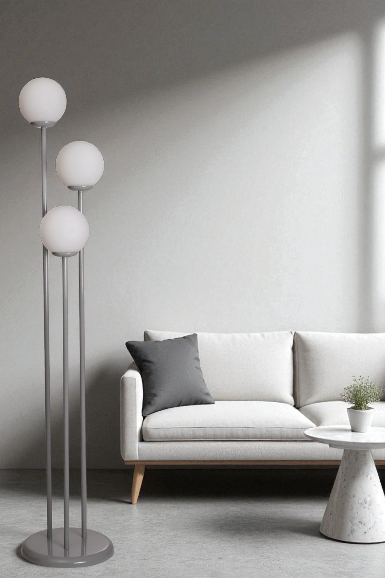 Candeeiro de Pé – 150 cm de altura – Branco e Cinza – Metal e Vidro
