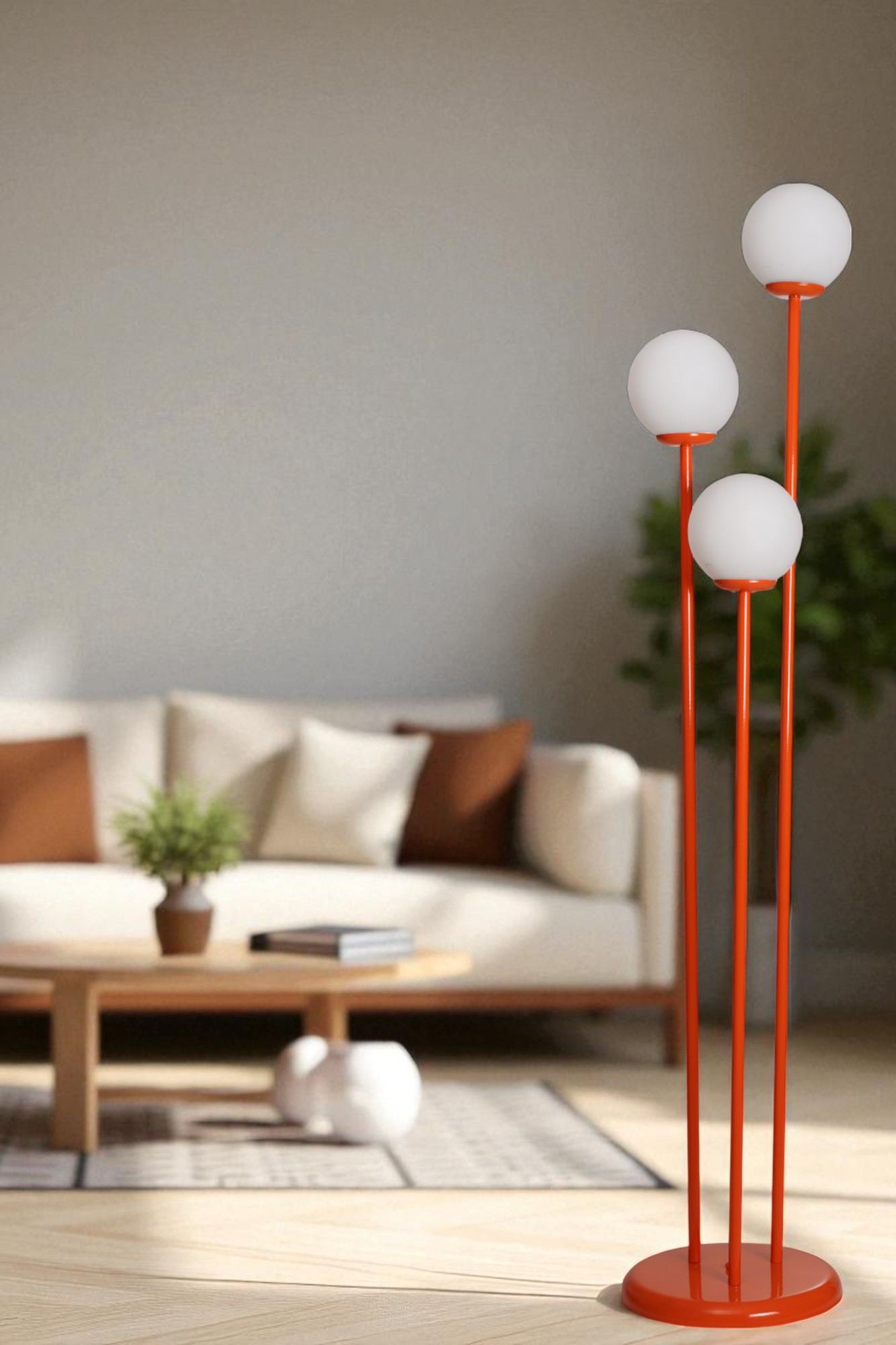 Candeeiro de Pé – 150 cm de altura – branca e laranja – metal e vidro