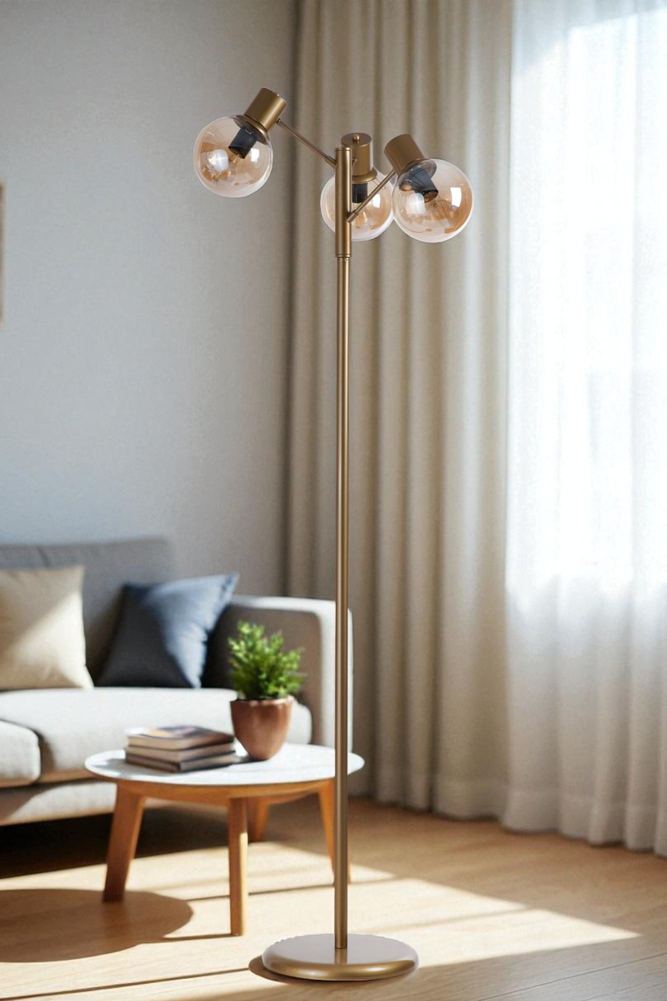 Candeeiro de Pé – Altura: 158 cm – Cor: Mel e Dourado – Material: Metal e vidro