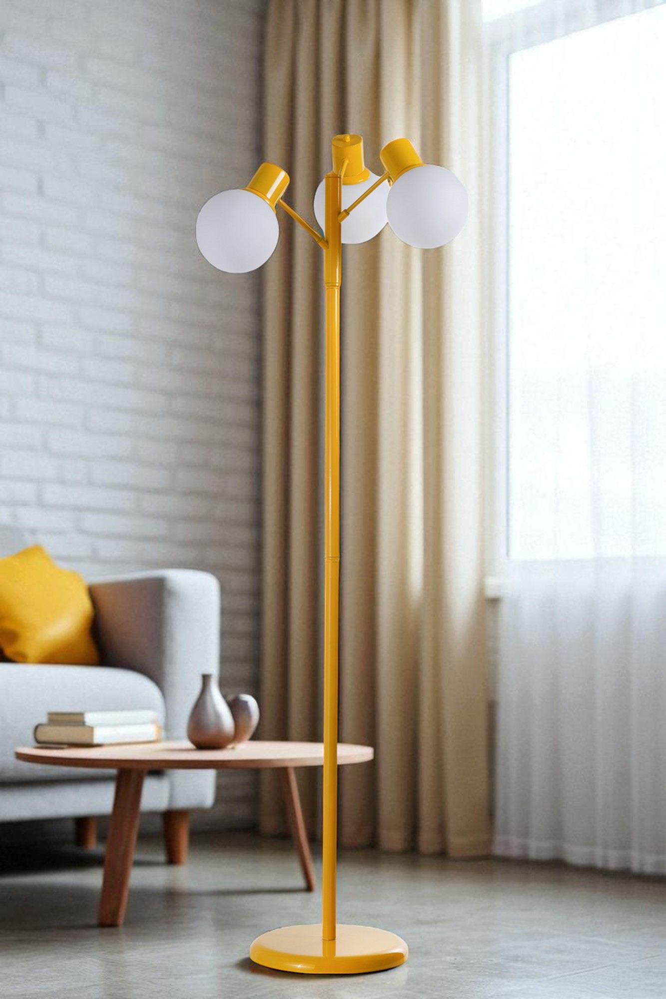 Candeeiro de Pé – 158 cm de altura – Branco e Mostarda – Metal e Vidro