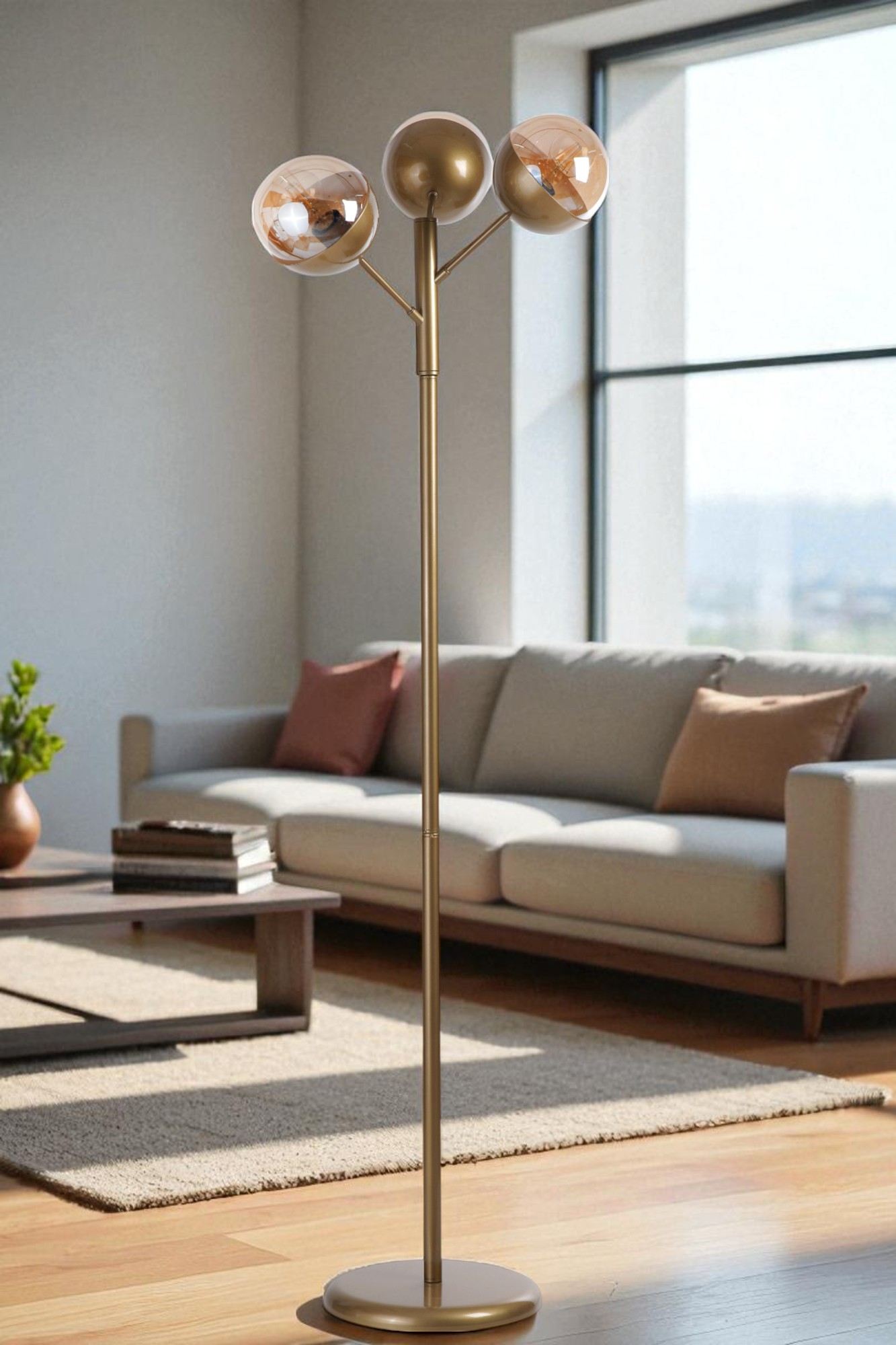 Candeeiro de Pé elegante – 163 cm de altura – mel e preto – metal e vidro