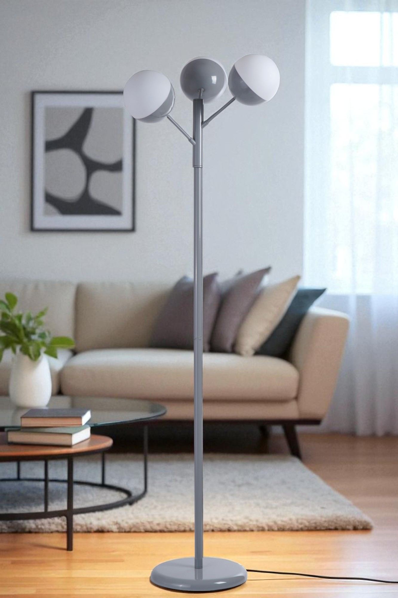 Candeeiro de Pé – 163 cm de altura – Branco e Cinza – Metal e Vidro