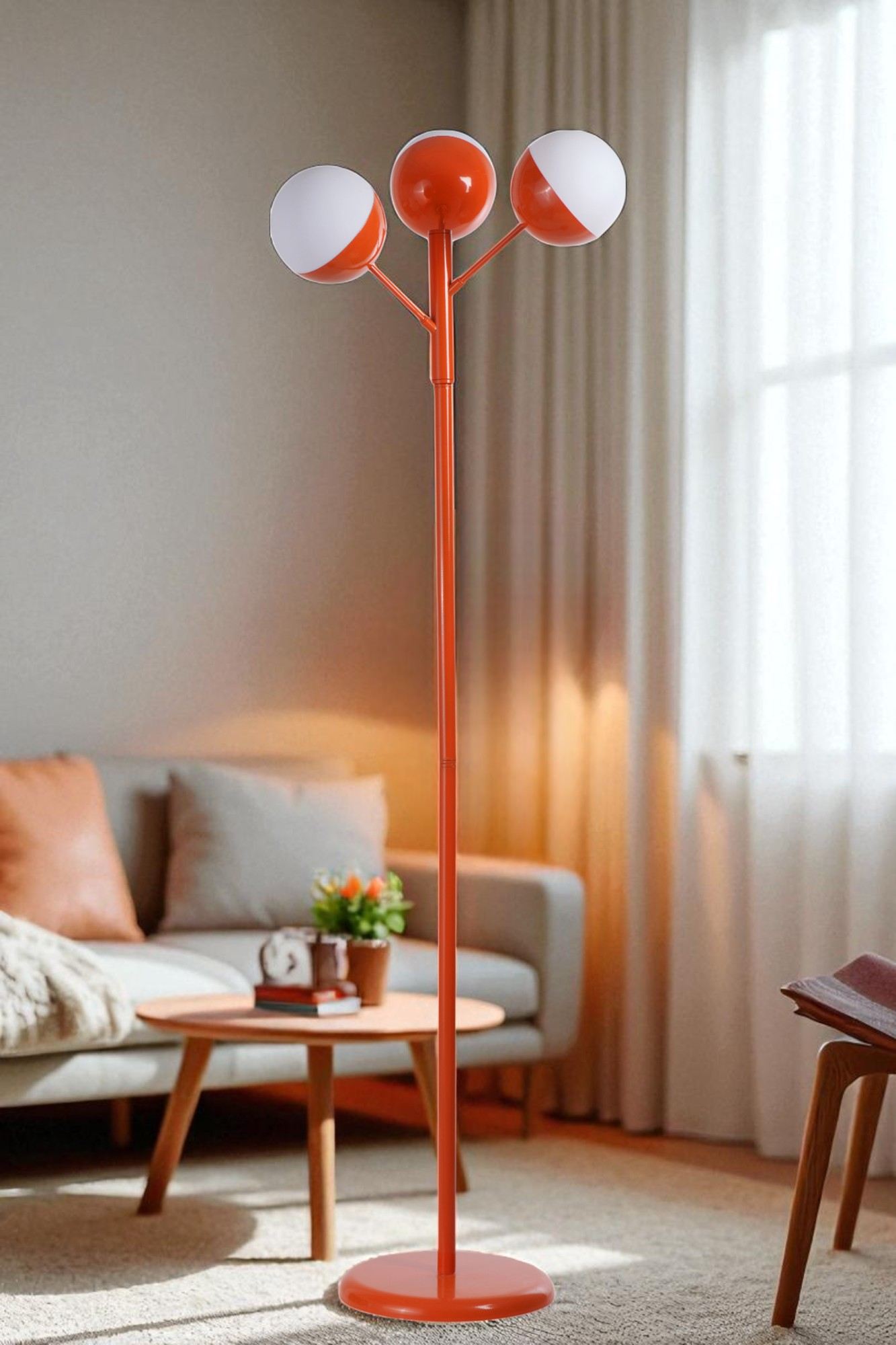 Candeeiro de Pé – 163 cm de altura – branca e laranja – metal e vidro