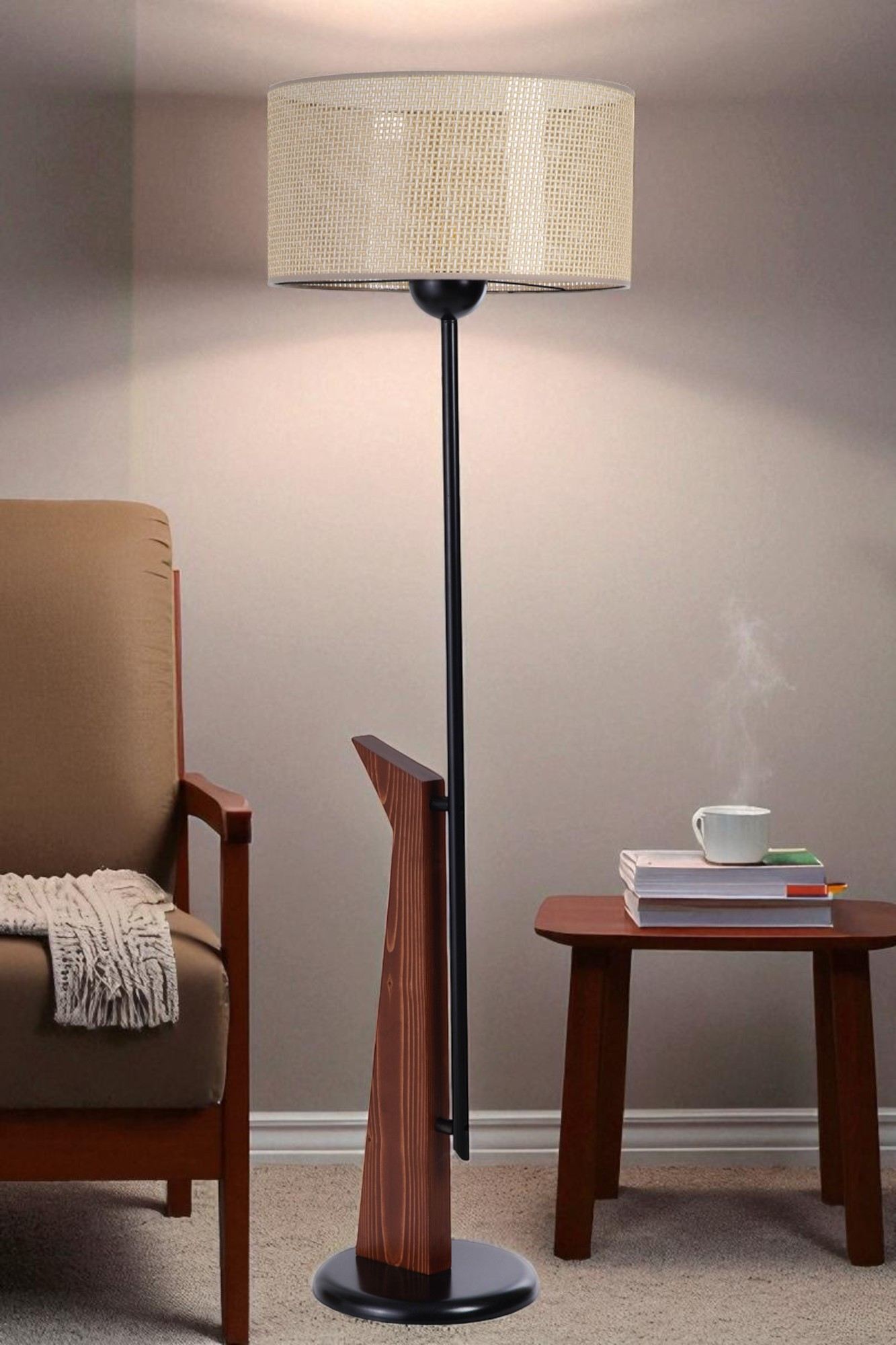 Candeeiro de Pé – 155 cm de Altura – Bege, Preto, Nogueira – Metal e Madeira