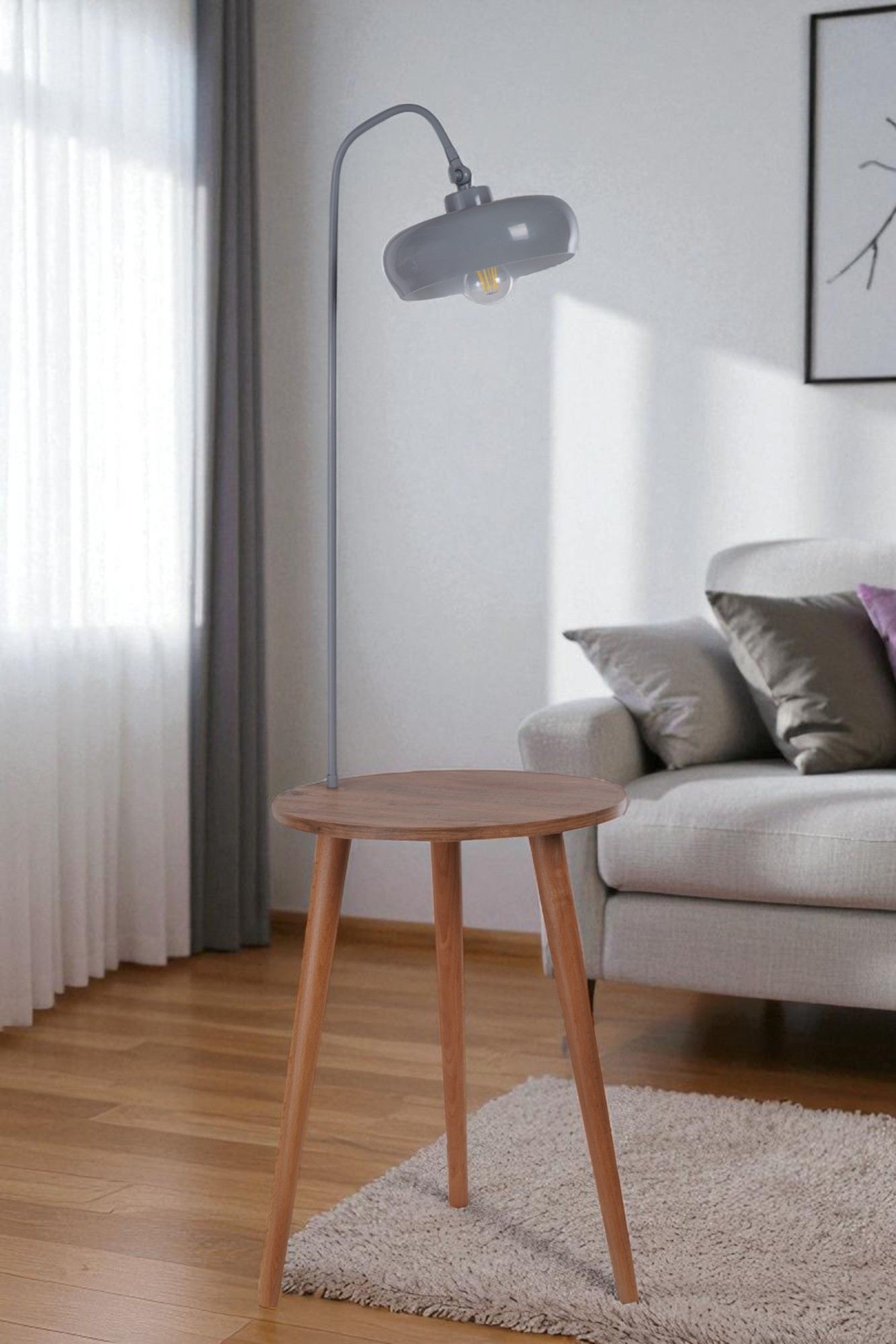 Candeeiro de Pé com mesa de madeira de faia – 148 cm altura – cinza – metal e madeira de faia