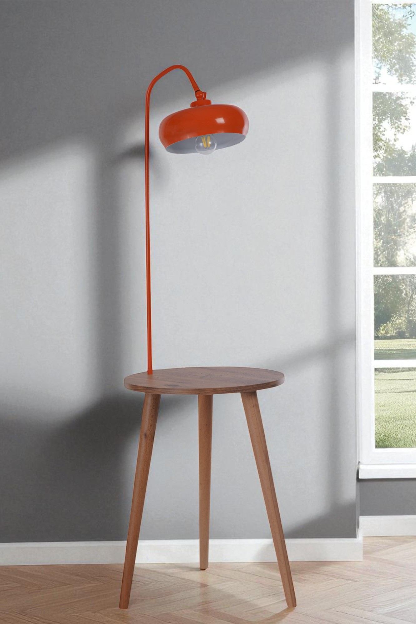 Candeeiro de Pé – 148 cm de altura – Laranja e Madeira de Faia – Metal e Madeira de Faia