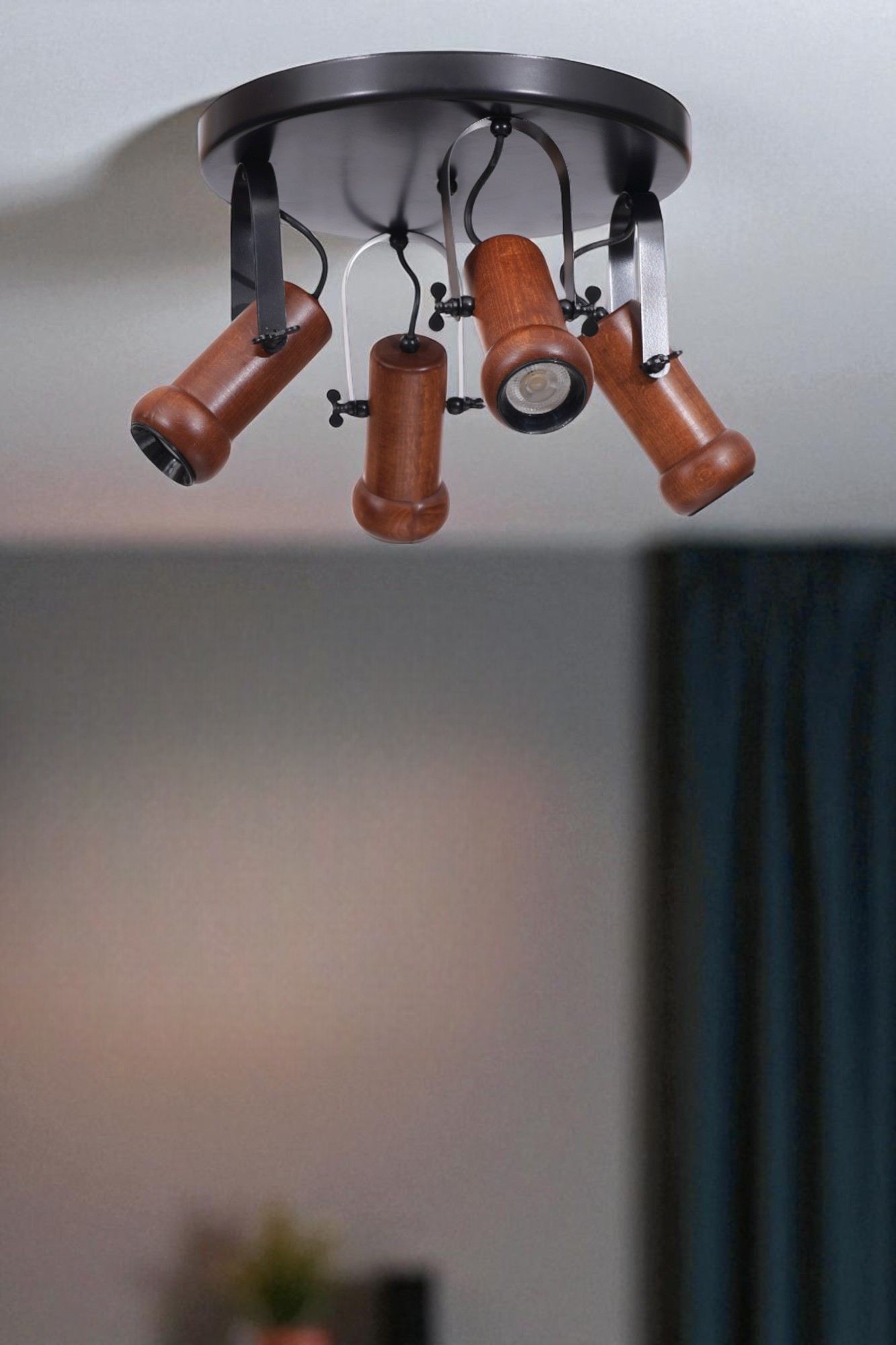 Candeeiro de Teto – Ø8 h:15 cm – Preto e Nogueira – Metal e Madeira