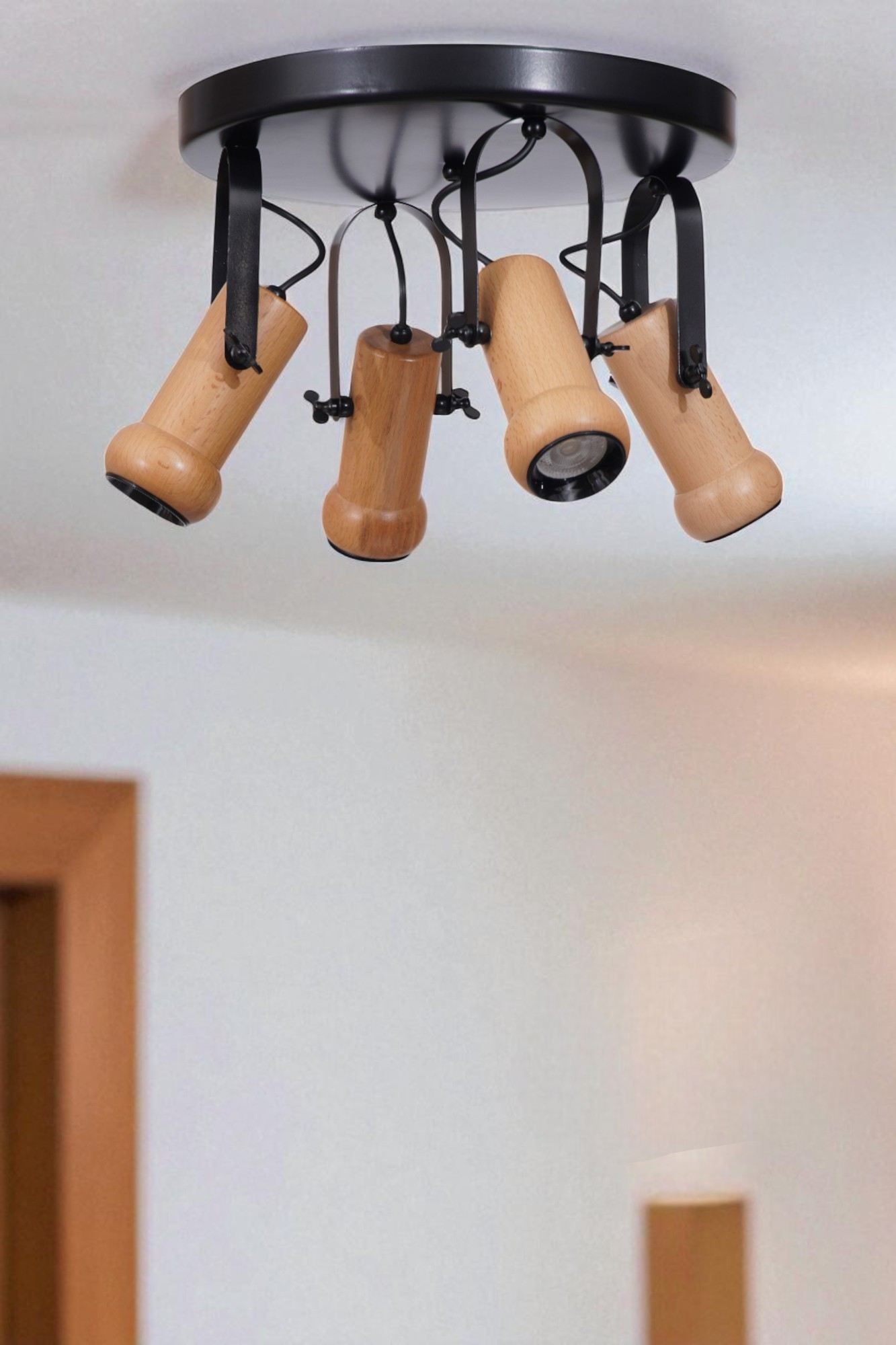 Candeeiro de Teto – 26cm – Preto e Carvalho – Metal e Madeira