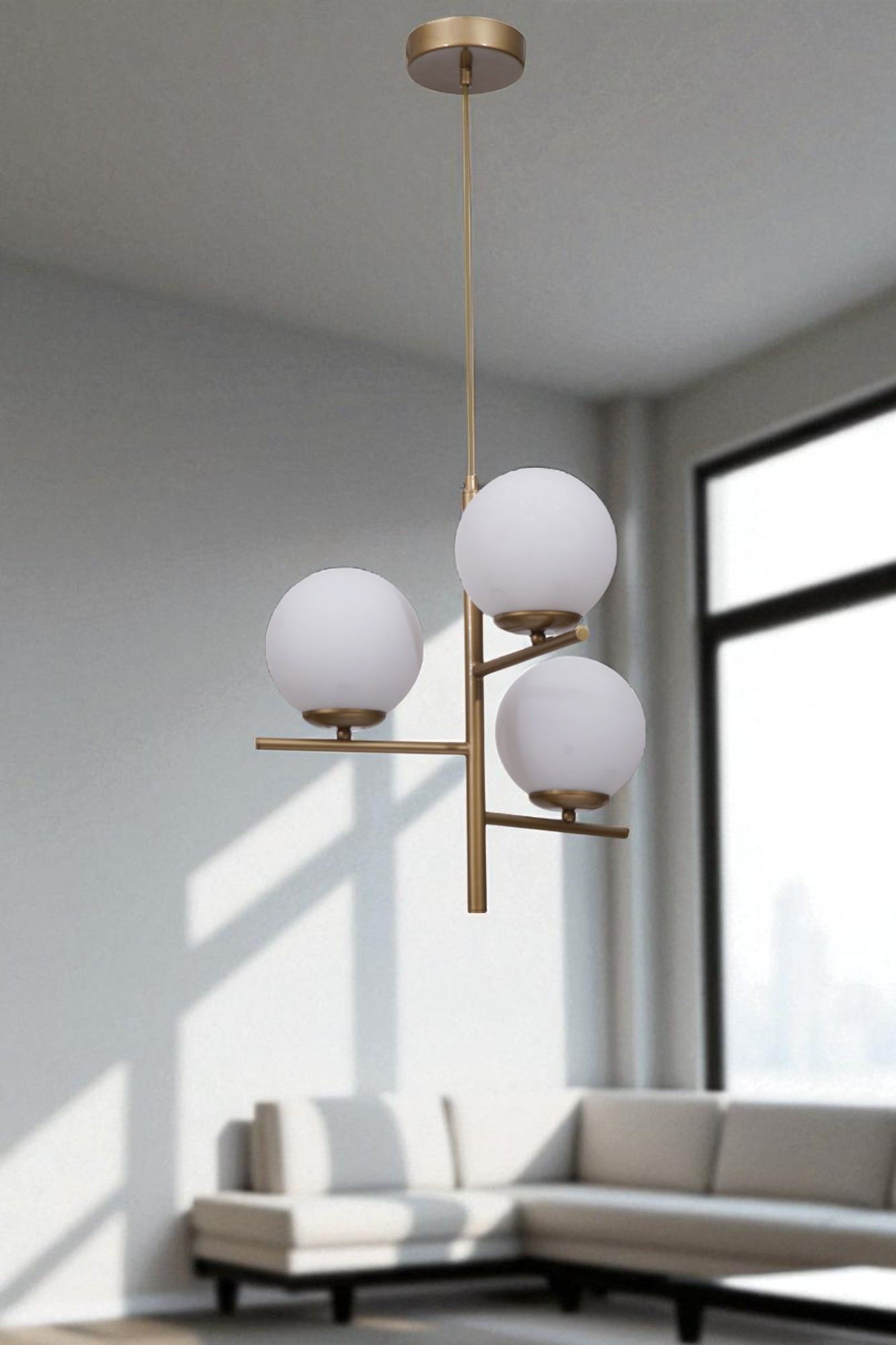 Candeeiro de Teto – Altura Total: 80 cm – Branco e Dourado – Metal e Vidro