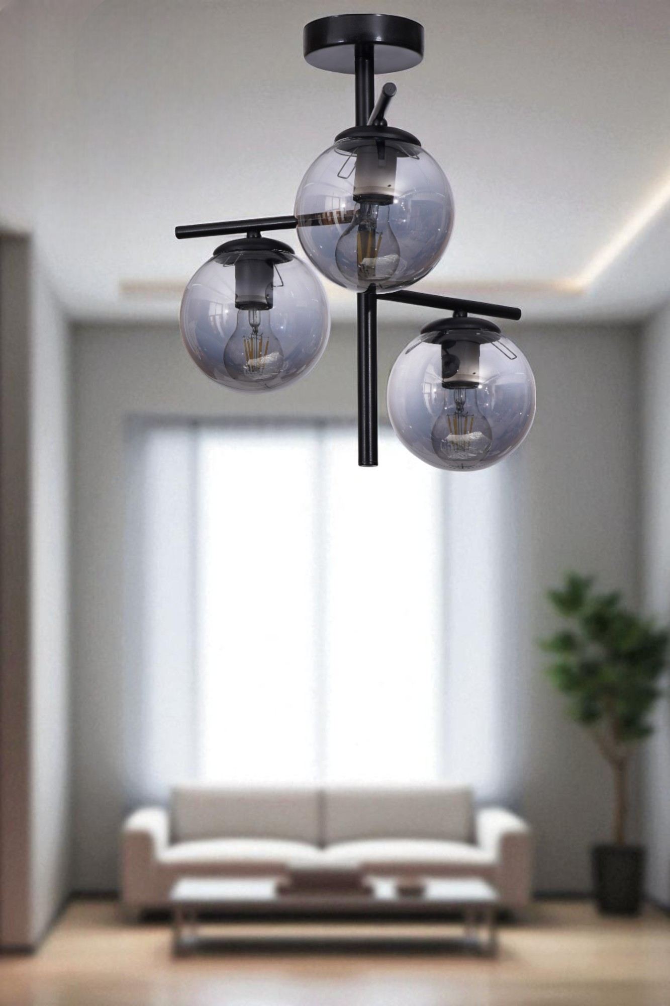 Candeeiro de Teto – Ø15h24cm – Cinza e Preto – Metal e Vidro