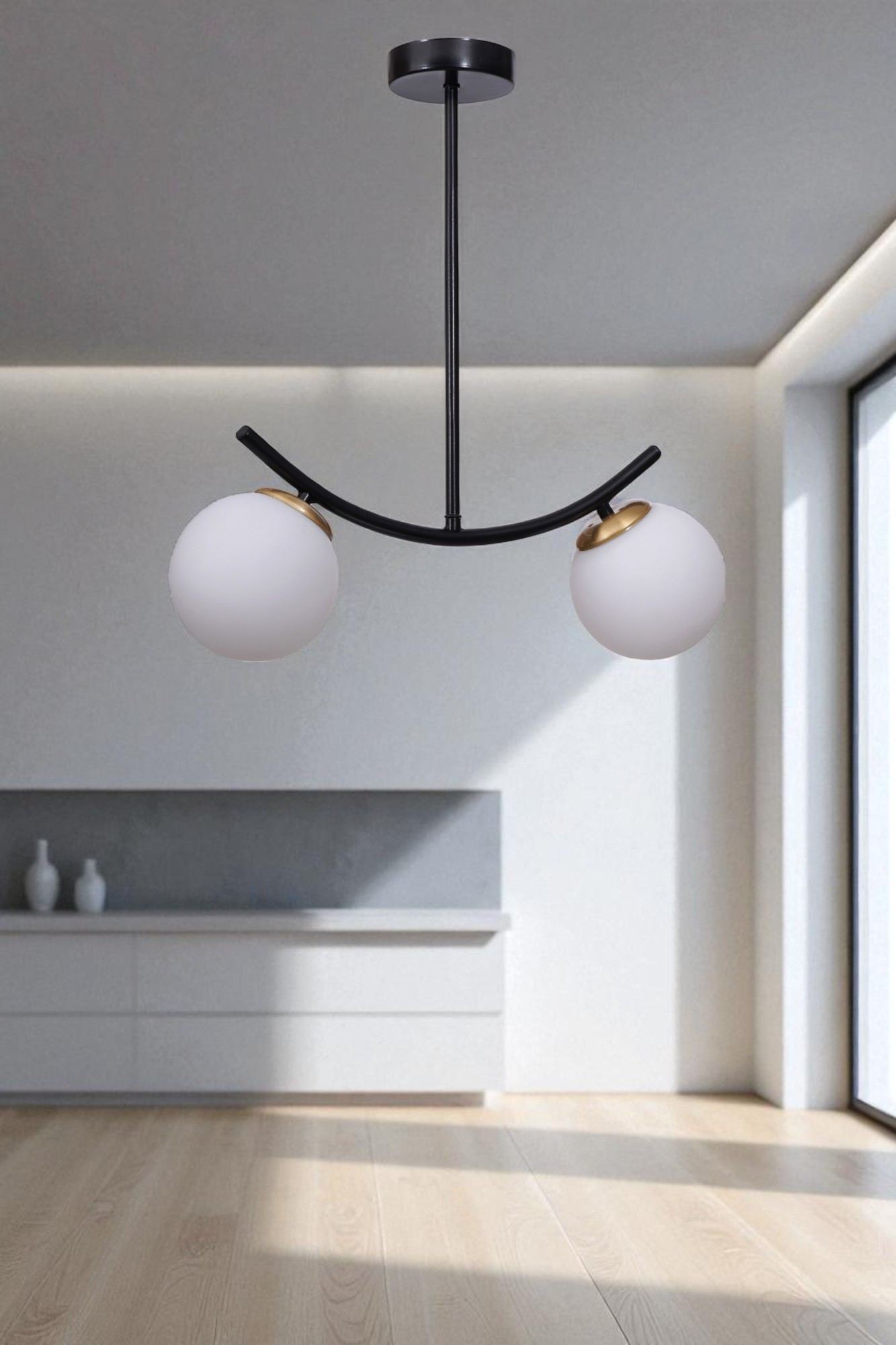 Candeeiro de Teto – Ø15 h:35 cm – Branco e Preto – Metálico com Cúpula de Vidro