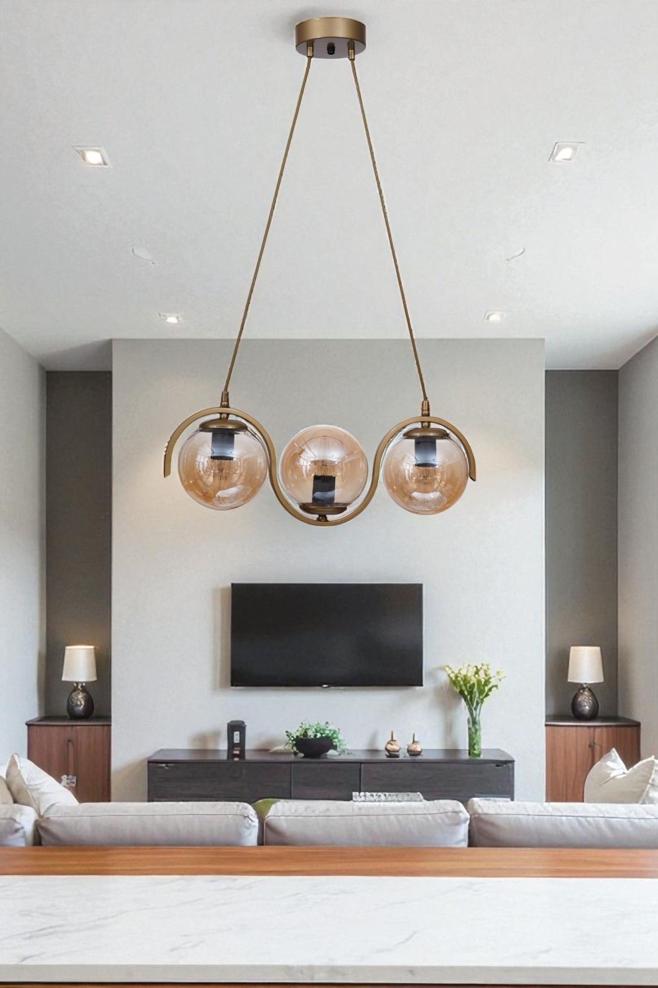 Candeeiro de Teto – 80 cm – Mel e Ouro – Metal e Vidro