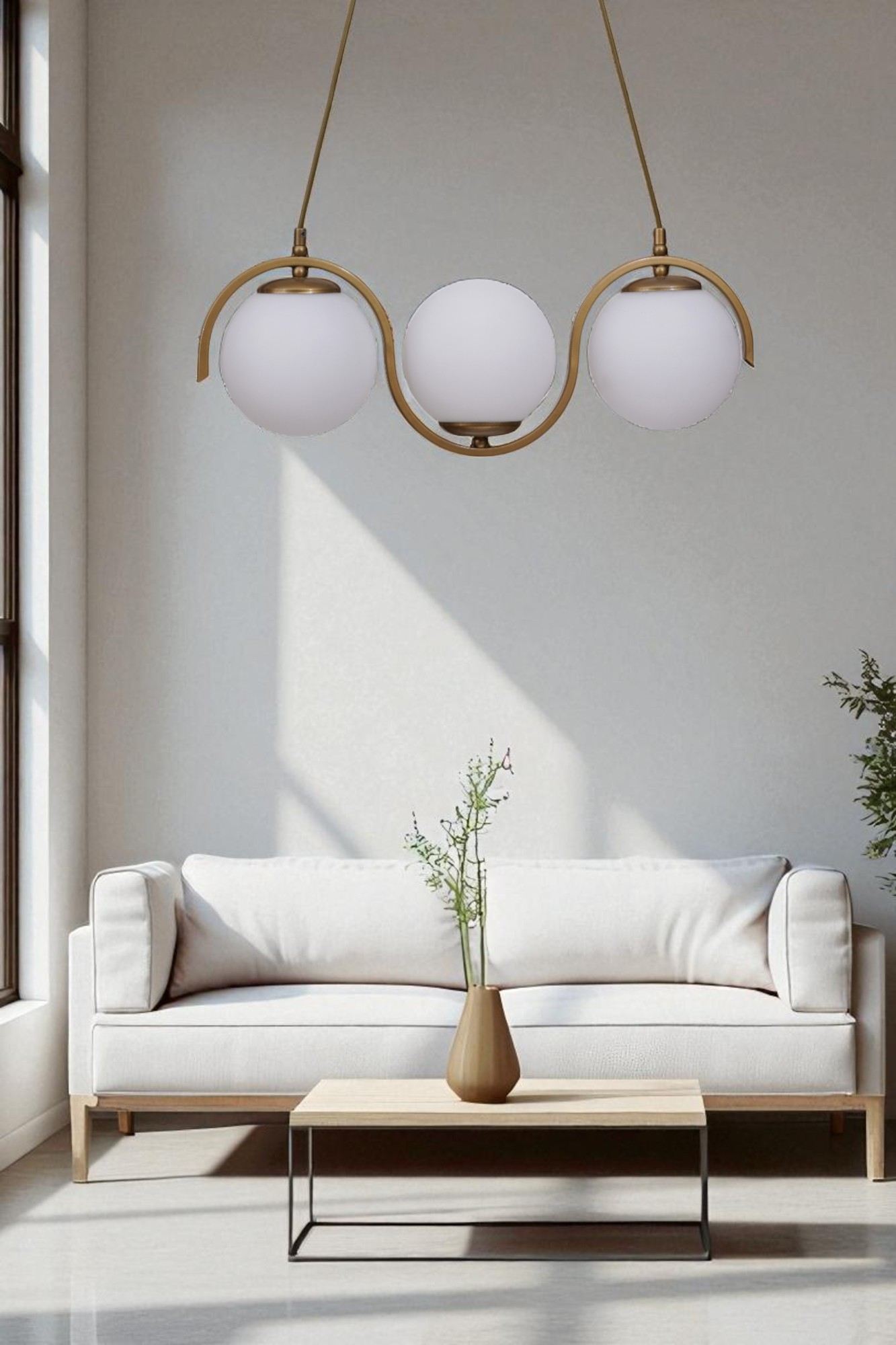 Candeeiro de Teto – Ø15 h:40 cm – Branco e Dourado – Metal e Vidro