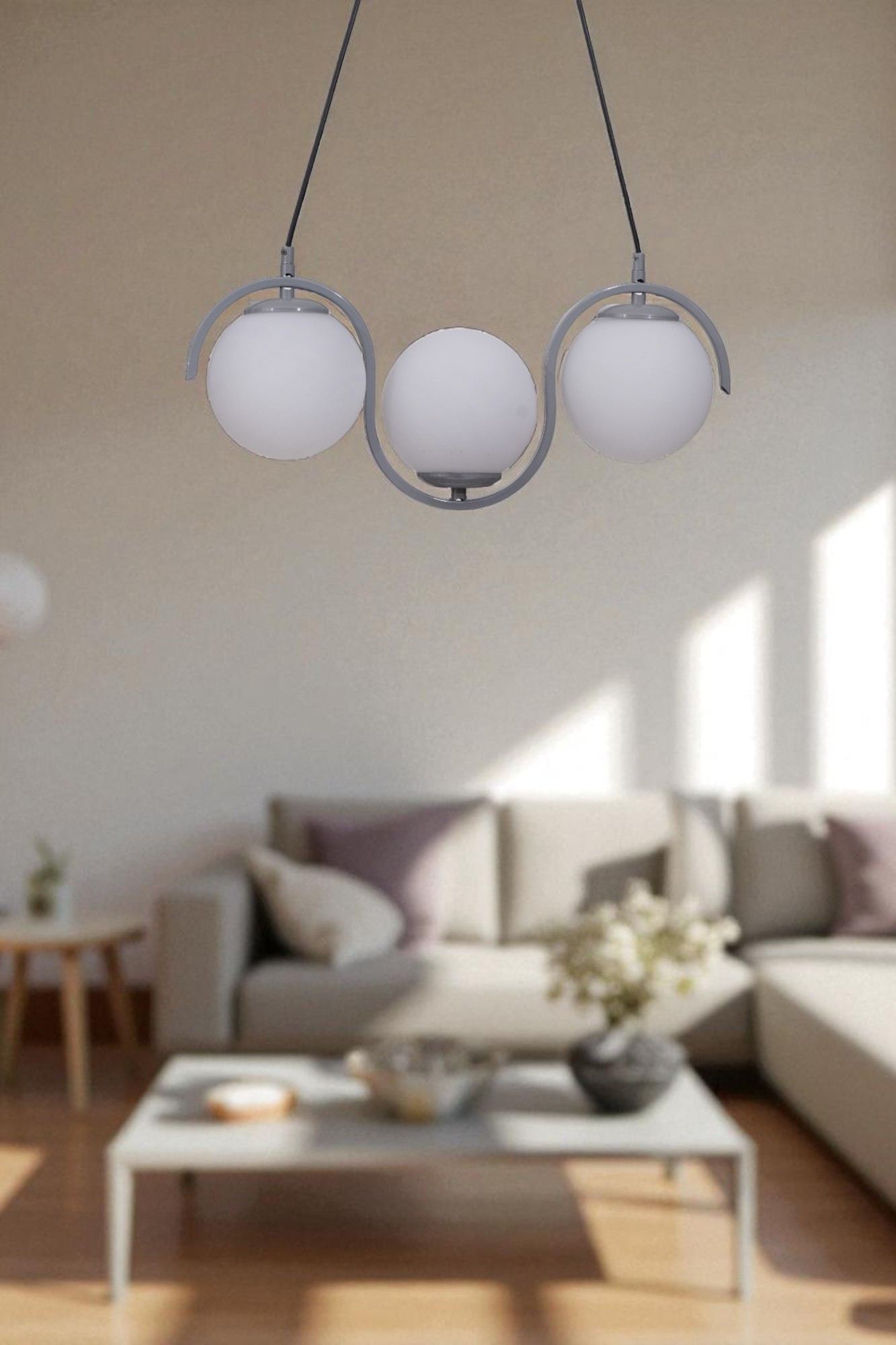 Candeeiro de Teto – 80 cm – Branco e Cinza – Metal e Vidro