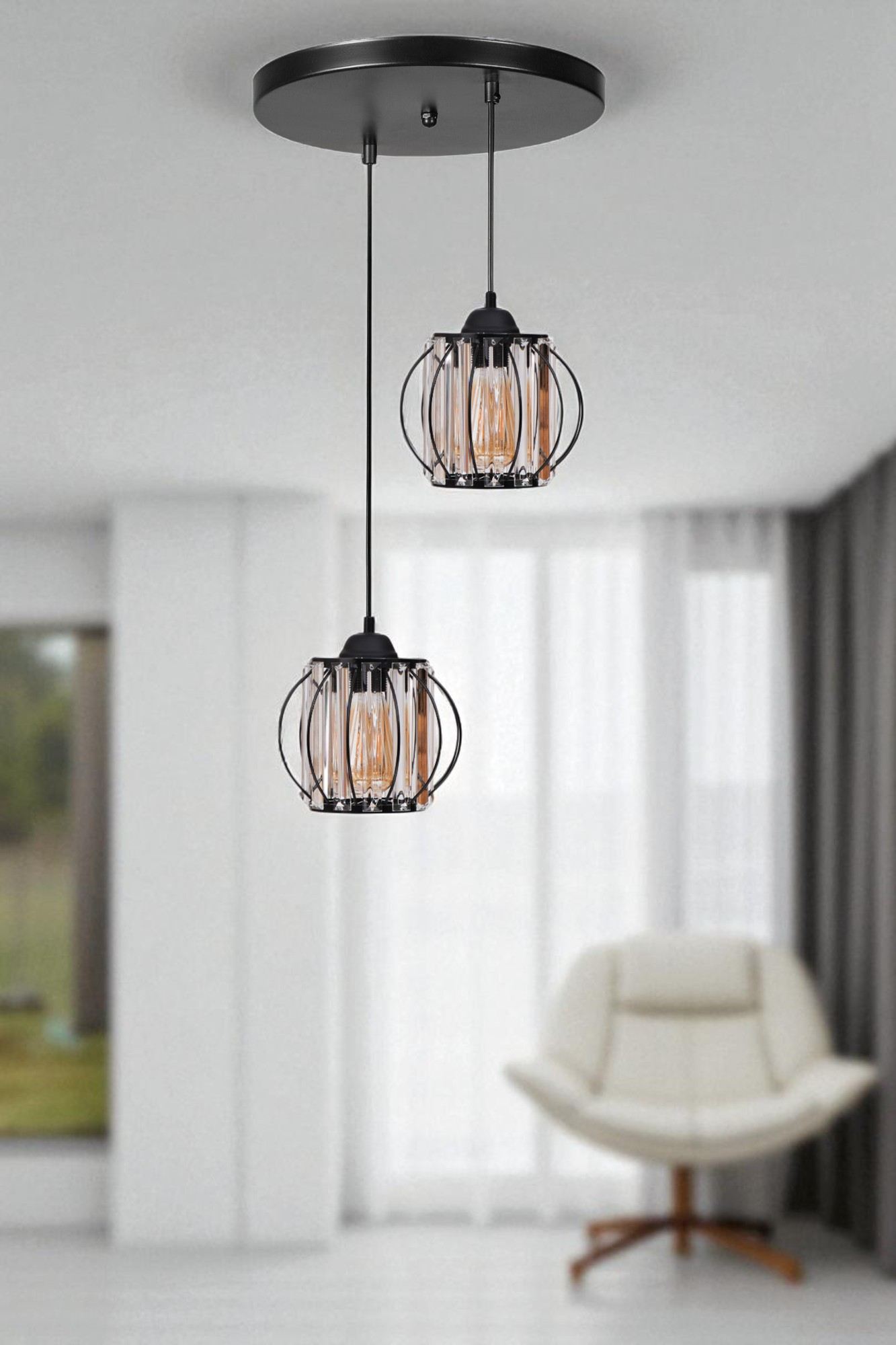 Candeeiro de Teto - 80 cm - Preto - Metal e Vidro