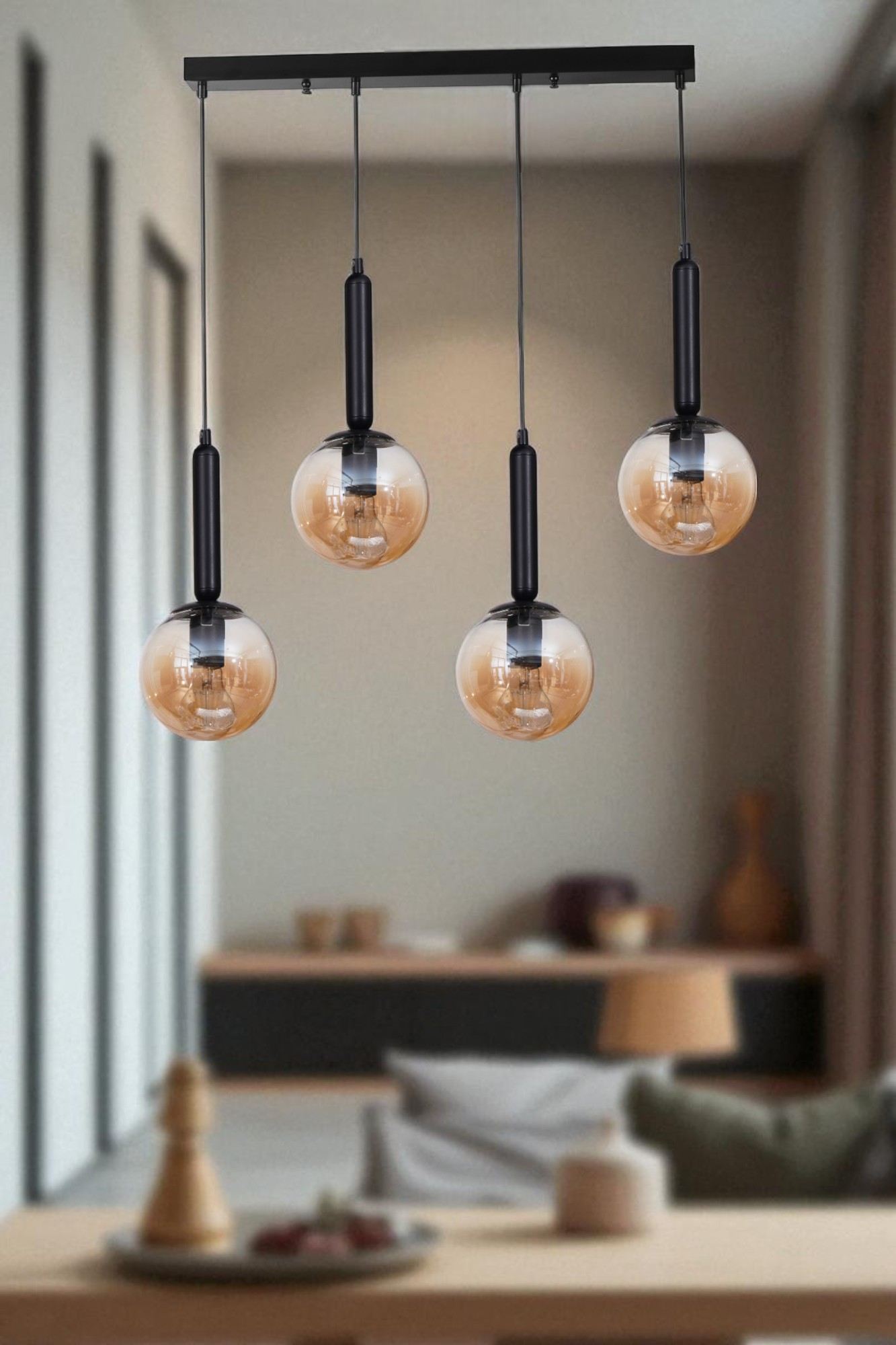 Candeeiro de Teto – 80 cm – Mel e Preto – Metal e Vidro