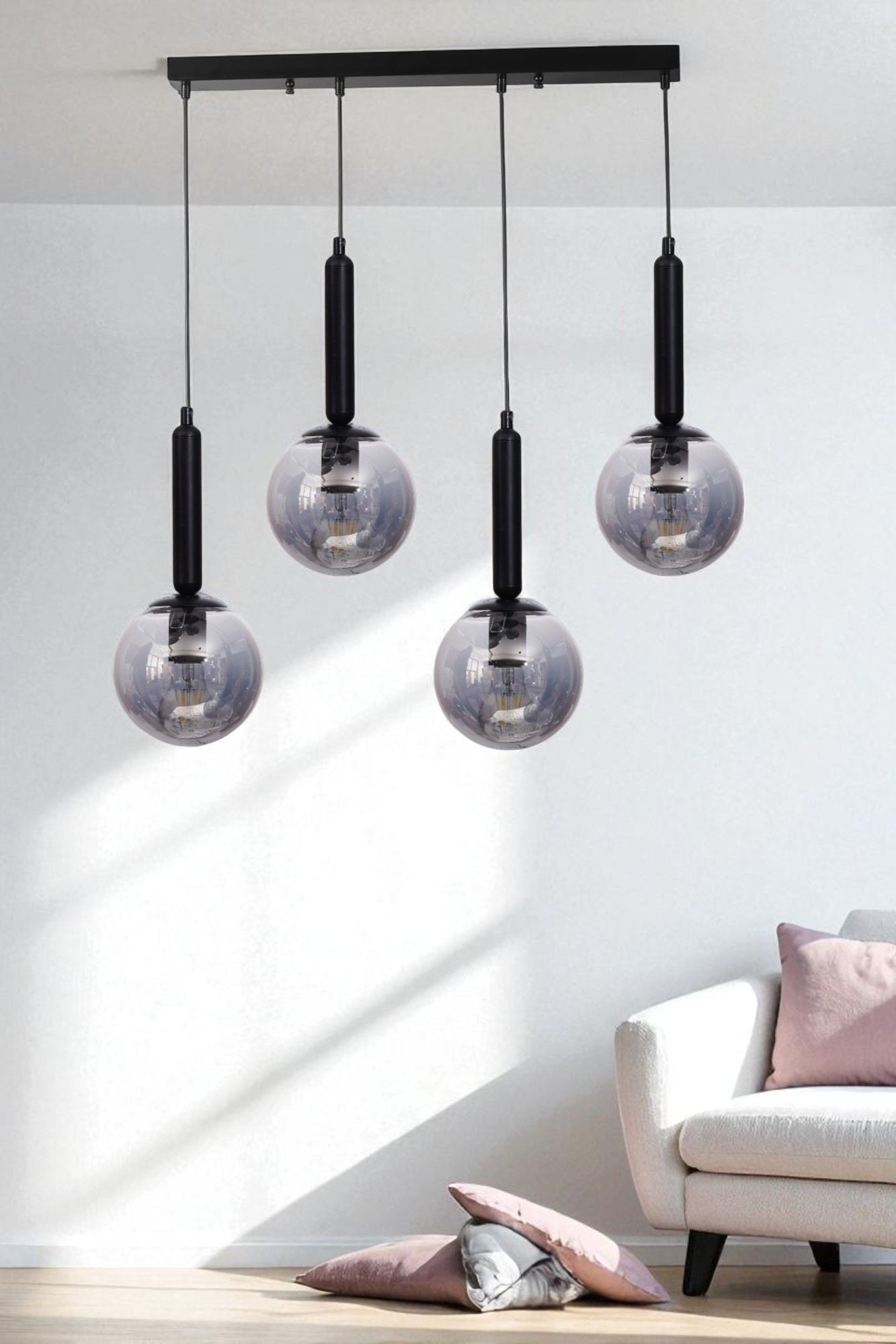 Candeeiro de Teto de Metal e Vidro – altura 80 cm – cinza e preto