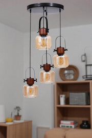 Candeeiro de Teto – Altura Ajustável 80 cm – Cor Mel, Nogueira, Preto – Metal e Vidro