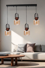 Candeeiro de Teto – altura ajustável de 80 cm – Mel, Noz, Preto – metal e vidro