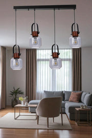 Candeeiro de Teto – Altura Ajustável 80 cm – Cinza/Nogueira/Preto – Metal/Vidro