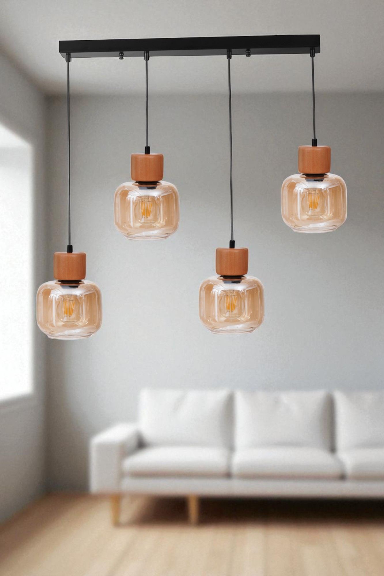 Candeeiro de Teto de Metal com Tampa de Vidro – Altura Ajustável 80 cm – Mel e Carvalho/Preto