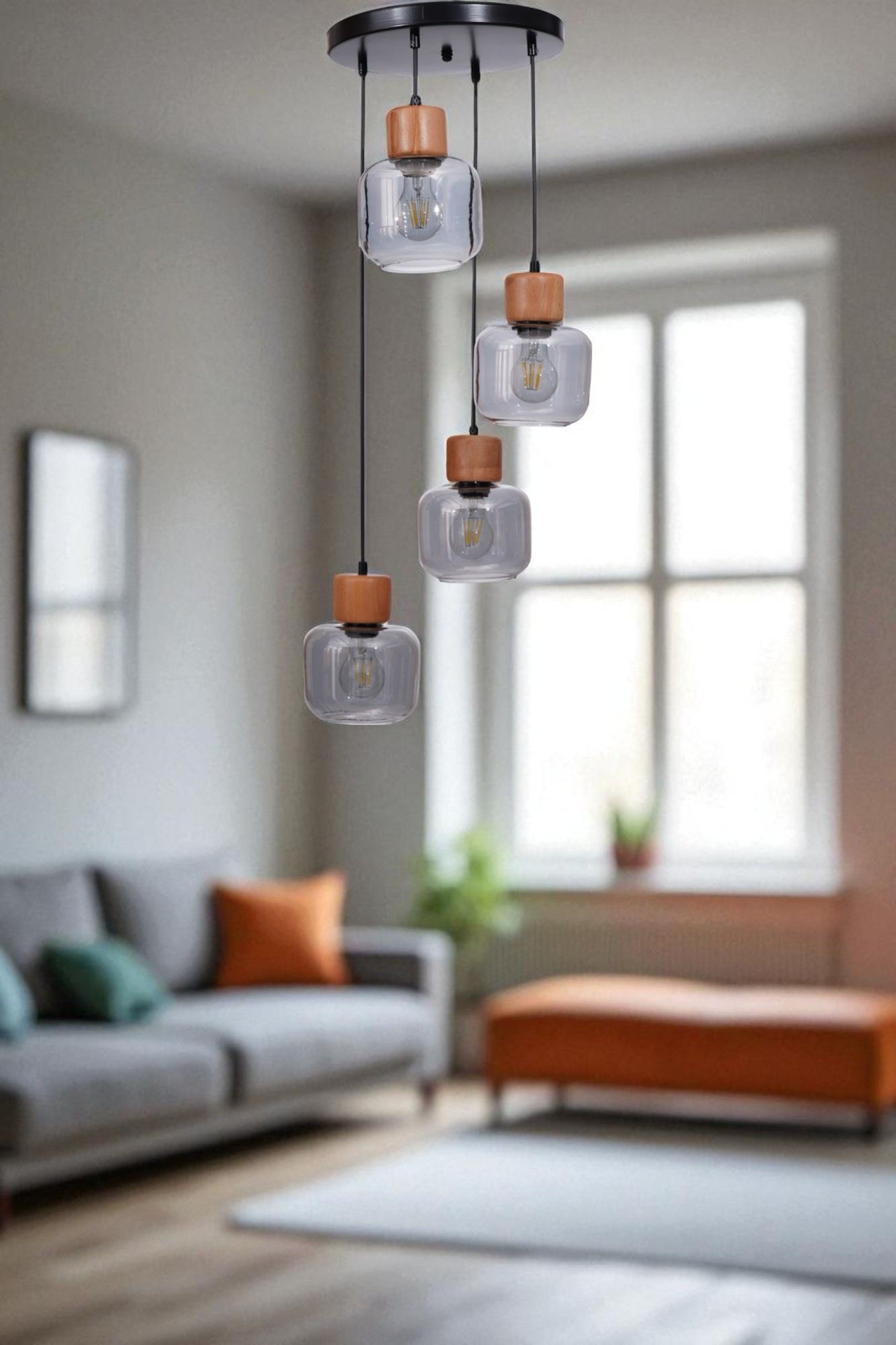 Candeeiro de Teto de Metal – Ø15 cm – Cinza, Carvalho e Preto