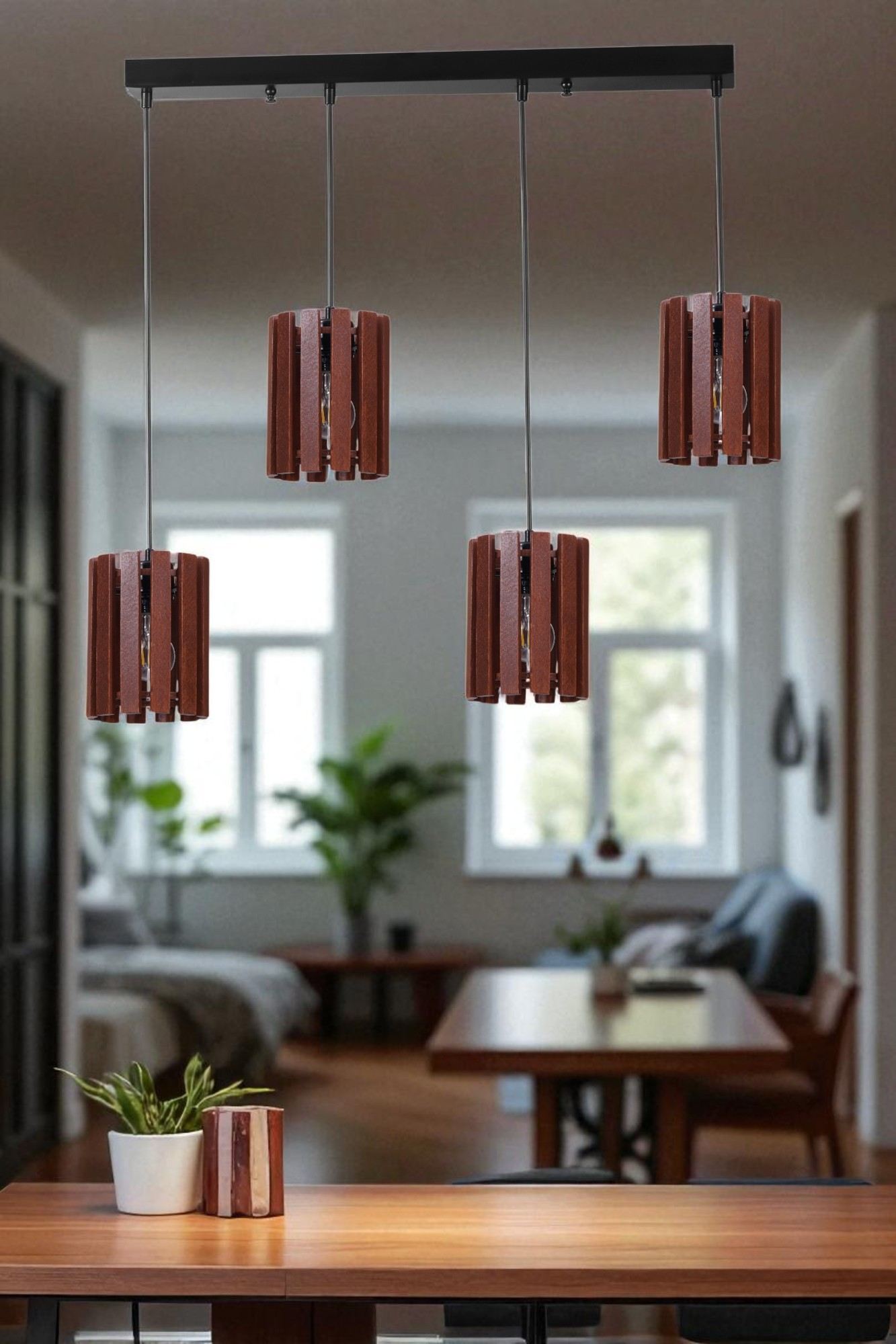 Candeeiro de Teto Elegante – 80 cm – Nogueira e Preto – Metal e Madeira