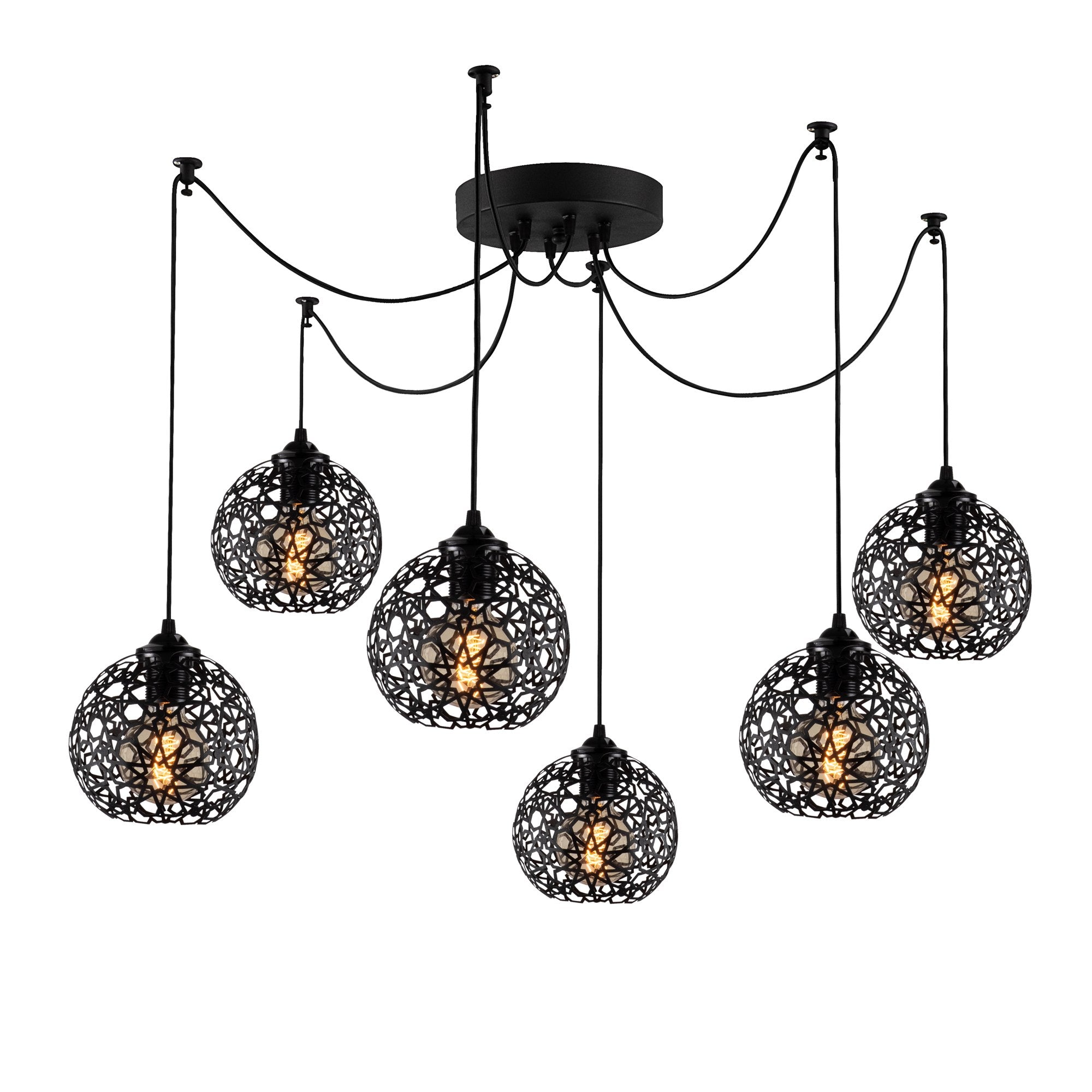 Candeeiro de Teto Preto Moderno, 137 x 137 cm, Altura Ajustável, Corpo em Metal, 6 Soquetes E27, IP20 | Iluminação Elegante para Decoração Escandinava e do Sudoeste