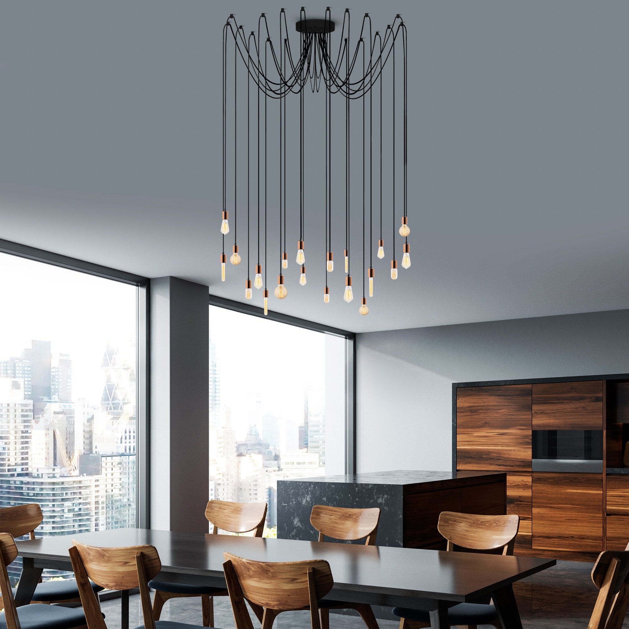 Candeeiro de Teto moderno de cobre, altura ajustável de 102 cm, 246 x 246 cm | Corpo de ferro, 20 x E27, máx. 40 W | Iluminação elegante para residências e escritórios