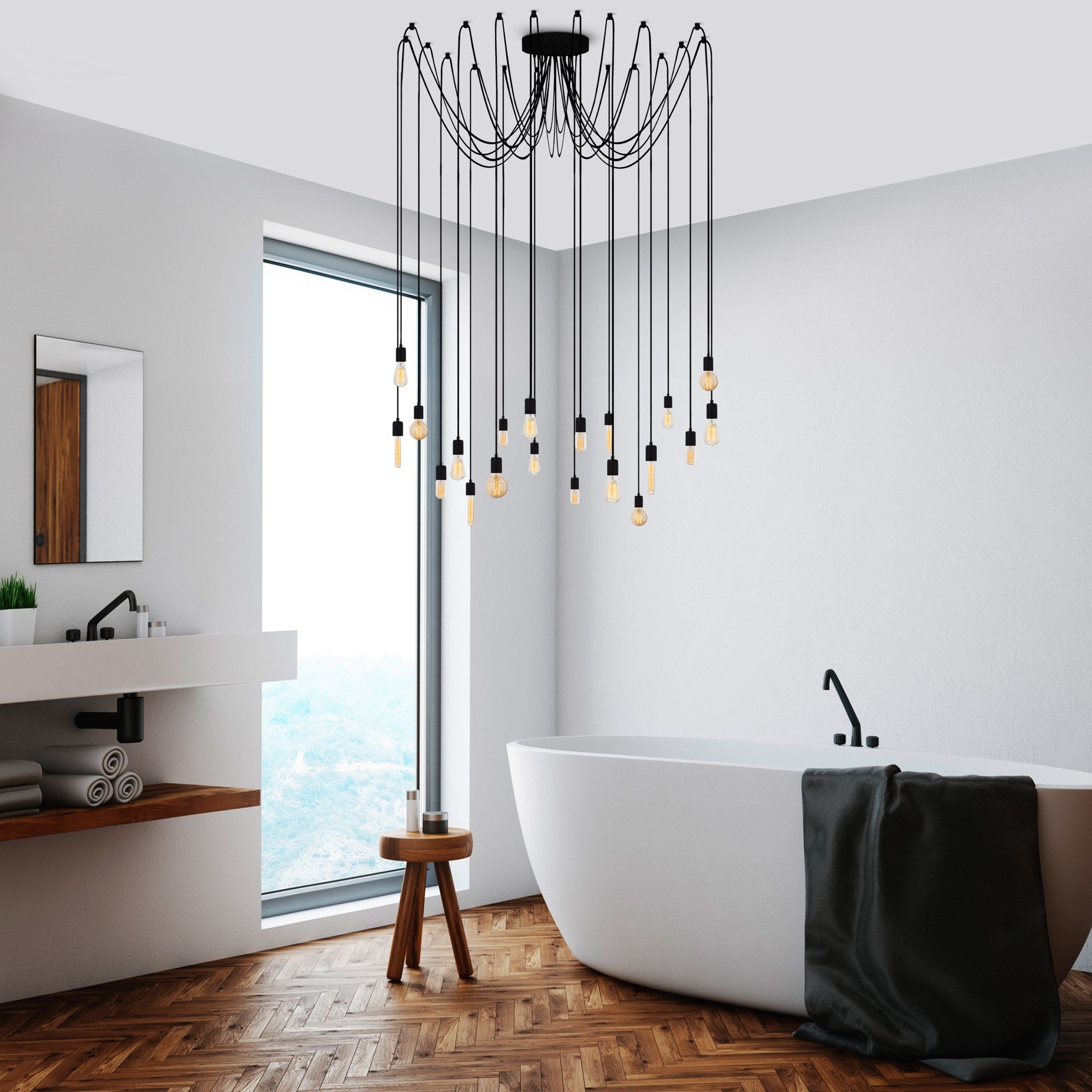 Candeeiro de Teto industrial moderno, corpo de metal preto, 246 x 246 cm, altura ajustável, 20 soquetes E27, design elegante para casa e escritório