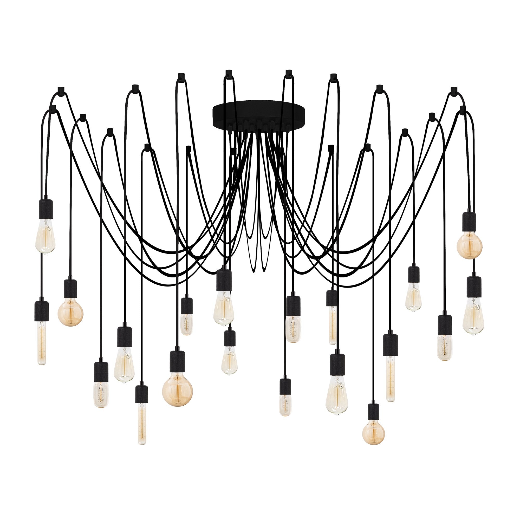 Candeeiro de Teto industrial moderno, corpo de metal preto, 246 x 246 cm, altura ajustável, 20 soquetes E27, design elegante para casa e escritório