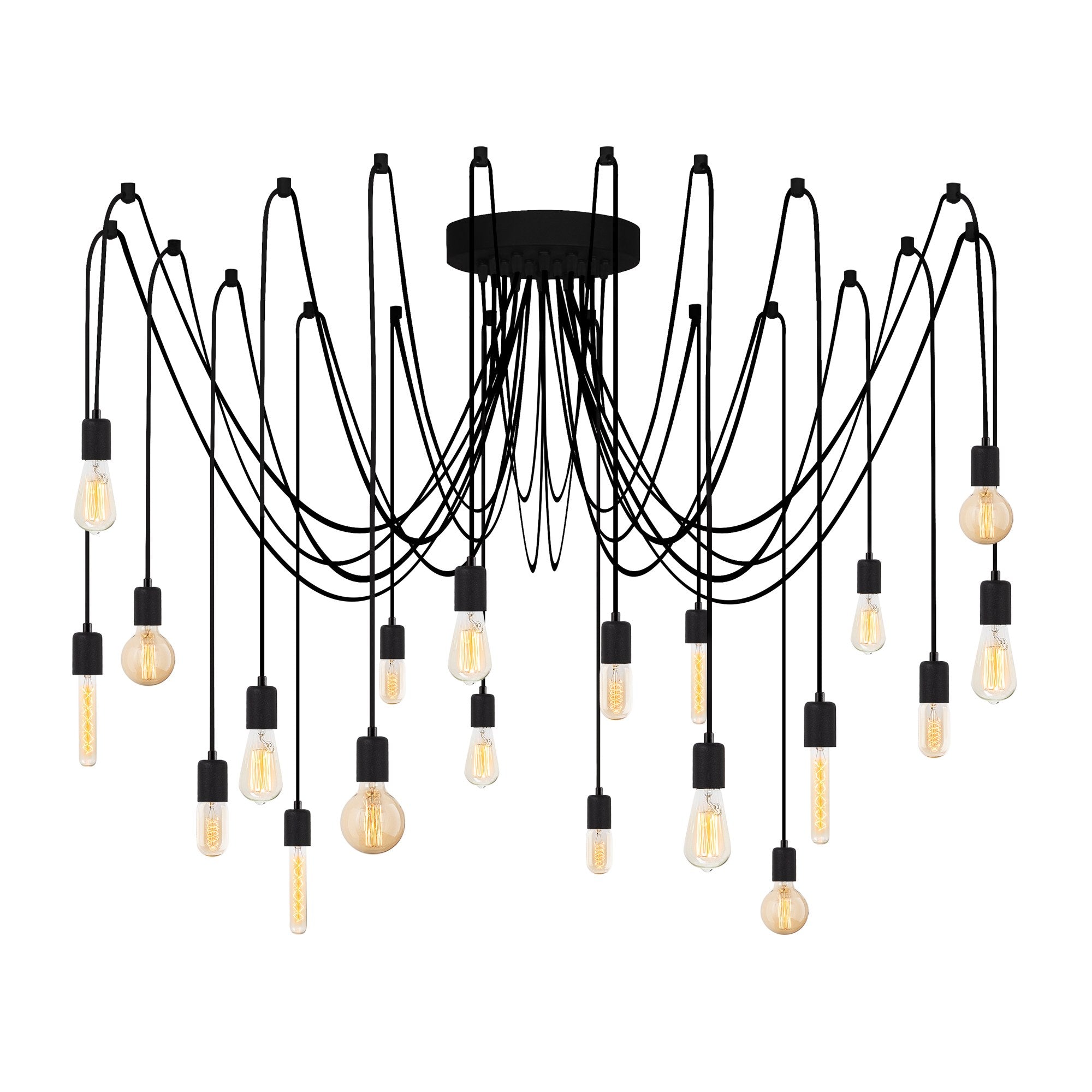 Candeeiro de Teto industrial moderno, corpo de metal preto, 246 x 246 cm, altura ajustável, 20 soquetes E27, design elegante para casa e escritório