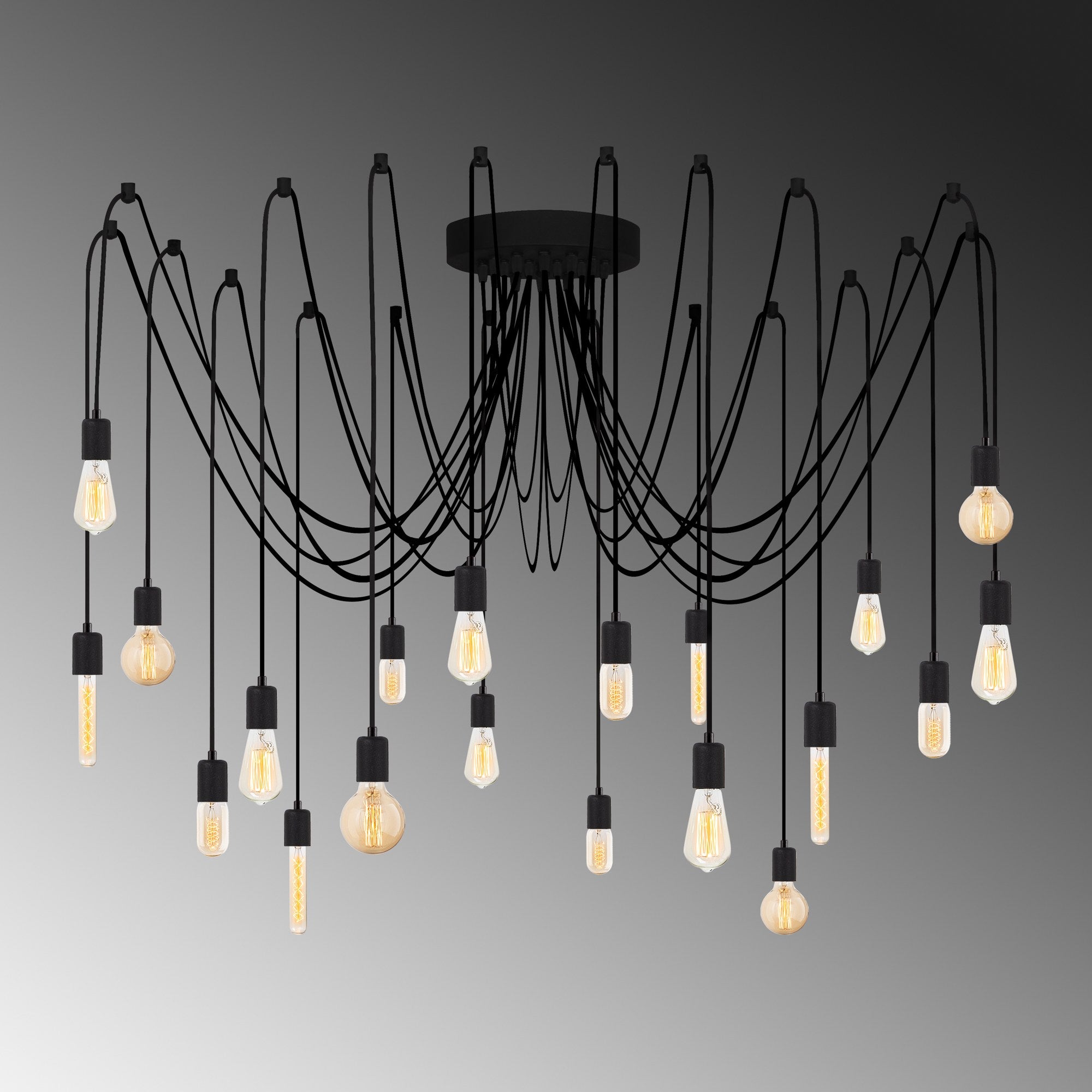 Candeeiro de Teto industrial moderno, corpo de metal preto, 246 x 246 cm, altura ajustável, 20 soquetes E27, design elegante para casa e escritório