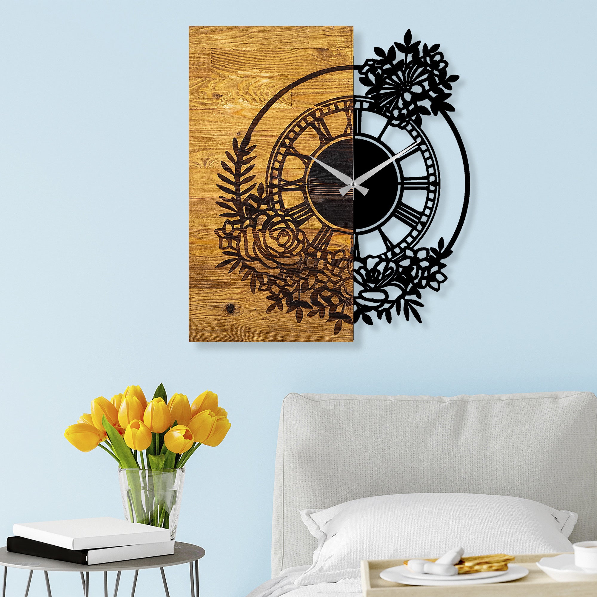 Relógio de parede decorativo elegante de madeira, 58 x 3 x 51 cm | 100% madeira e metal, mecanismo silencioso | Acabamento exclusivo em nogueira e preto, perfeito para qualquer ambiente