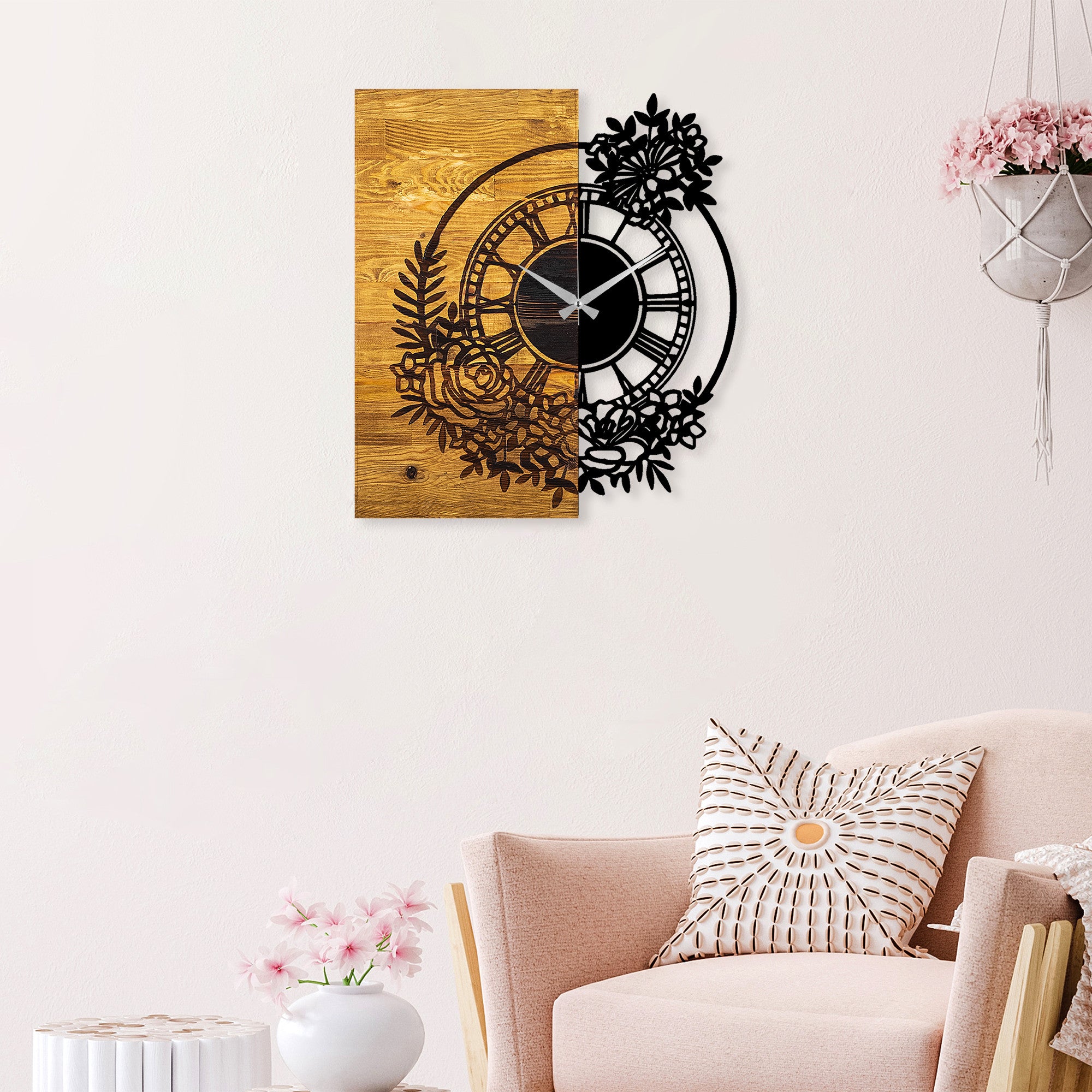 Relógio de parede decorativo elegante de madeira, 58 x 3 x 51 cm | 100% madeira e metal, mecanismo silencioso | Acabamento exclusivo em nogueira e preto, perfeito para qualquer ambiente