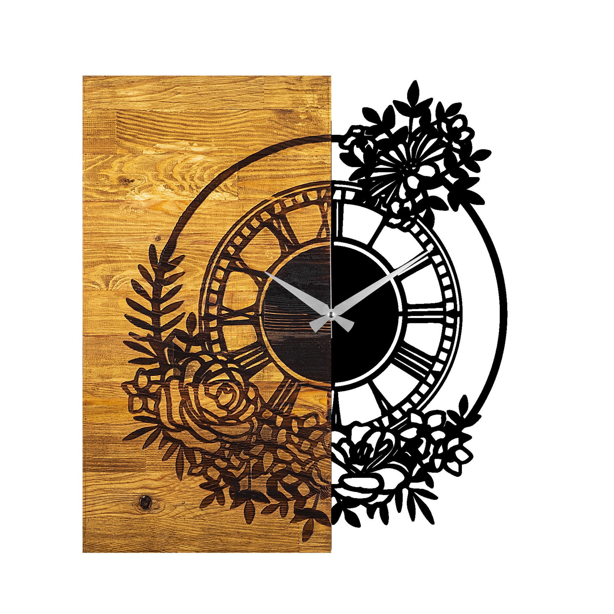 Relógio de parede decorativo elegante de madeira, 58 x 3 x 51 cm | 100% madeira e metal, mecanismo silencioso | Acabamento exclusivo em nogueira e preto, perfeito para qualquer ambiente