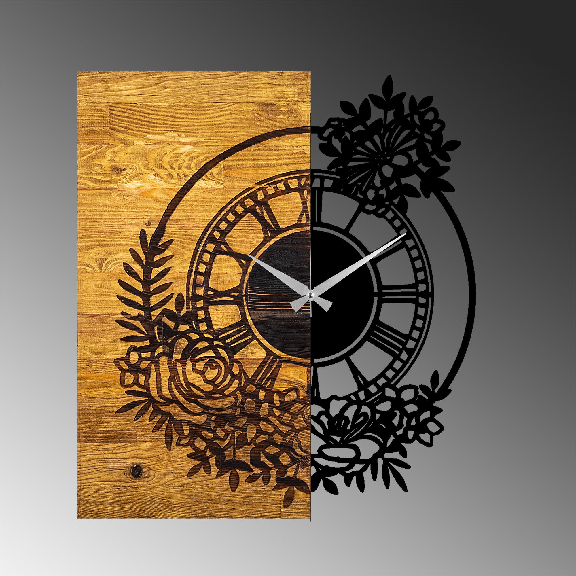 Relógio de parede decorativo elegante de madeira, 58 x 3 x 51 cm | 100% madeira e metal, mecanismo silencioso | Acabamento exclusivo em nogueira e preto, perfeito para qualquer ambiente