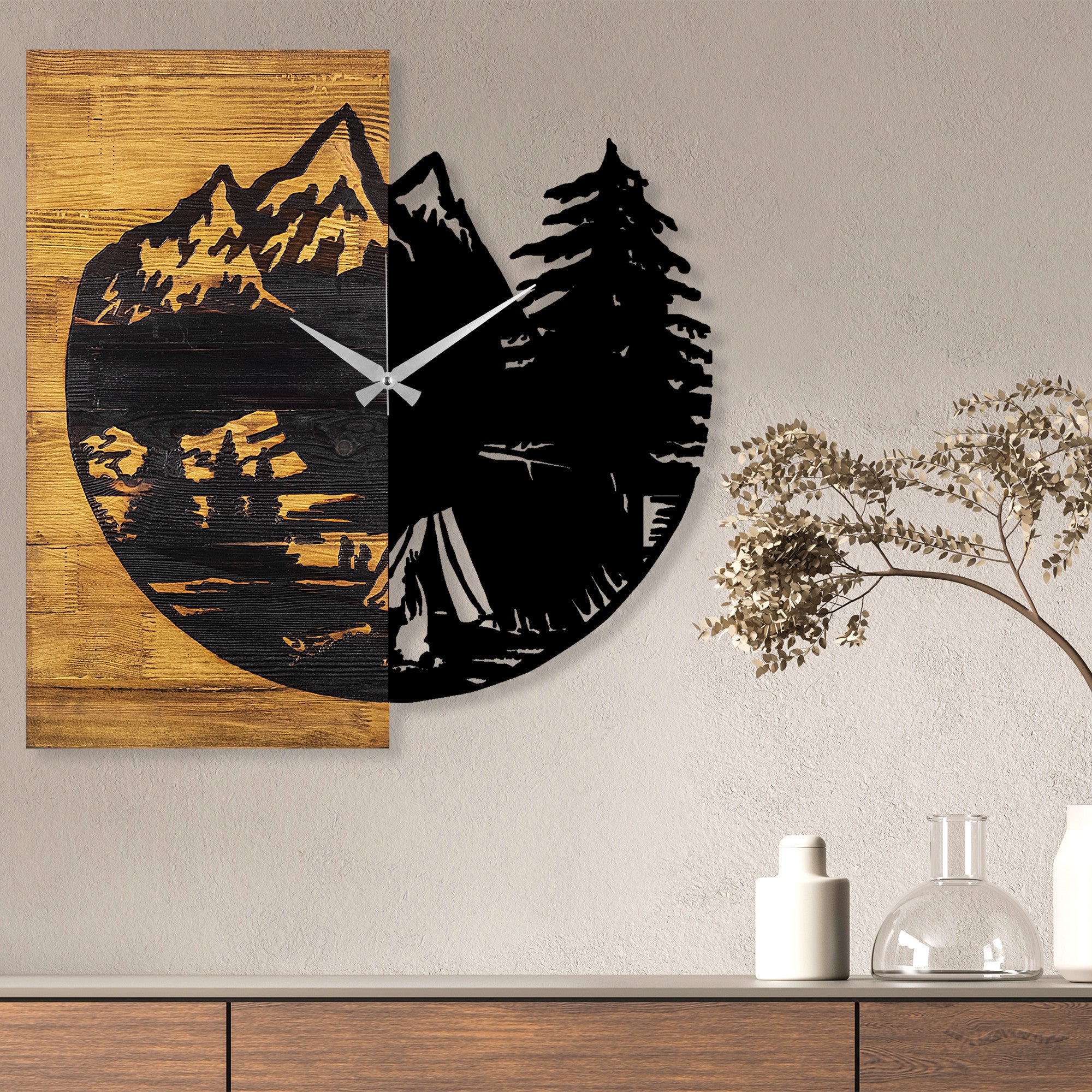 Relógio de parede decorativo – 56 x 3 x 58 cm – nogueira e preto – 100% madeira e metal