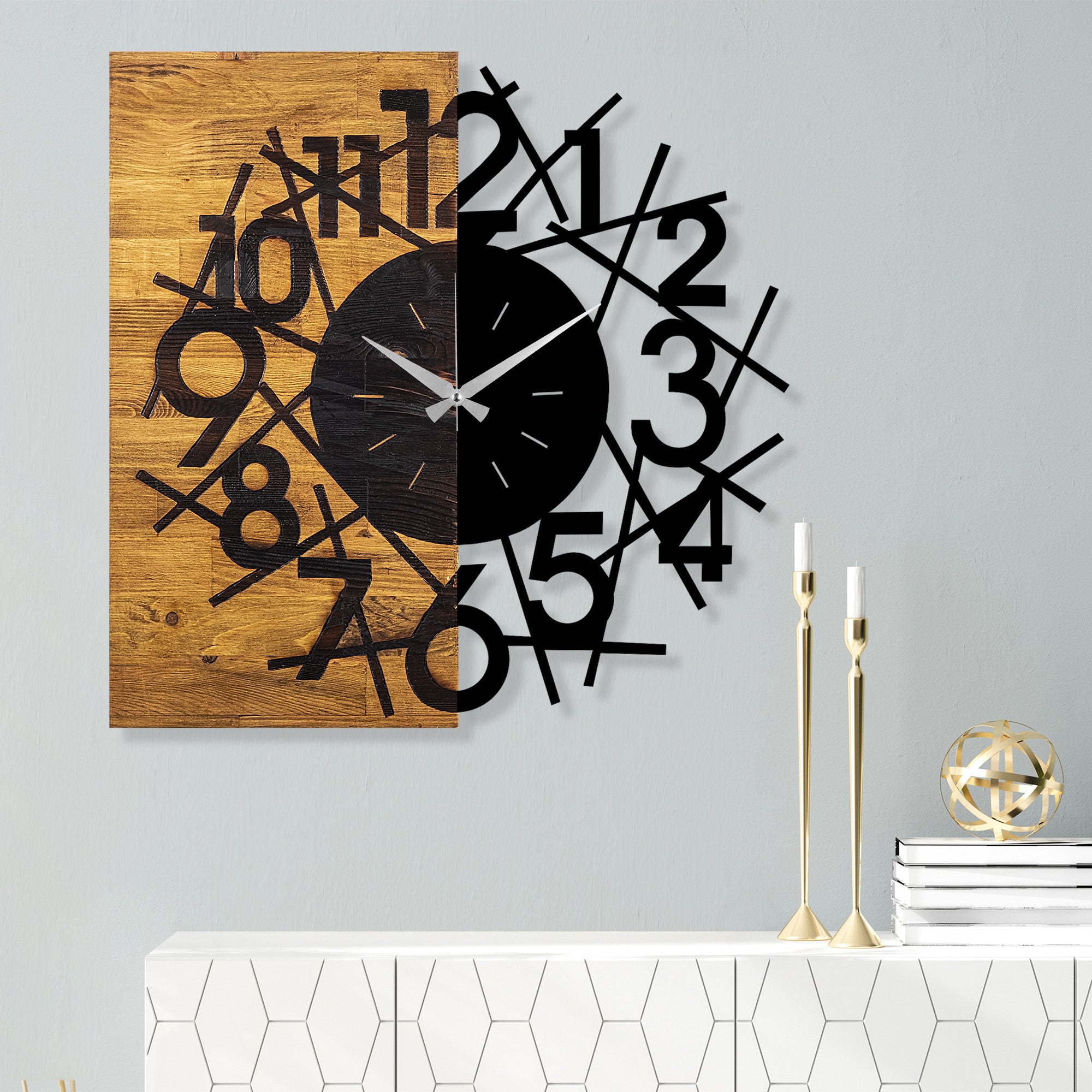Relógio de parede decorativo elegante de madeira – 59 x 3 x 58 cm – nogueira e preto – 100% madeira e metal