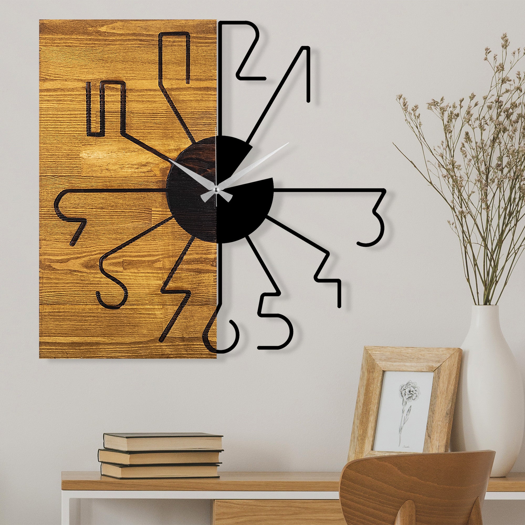 Relógio Decorativo de Parede em Madeira – 58 x 3 x 58 cm – Nogueira e Preto – Madeira e Metal