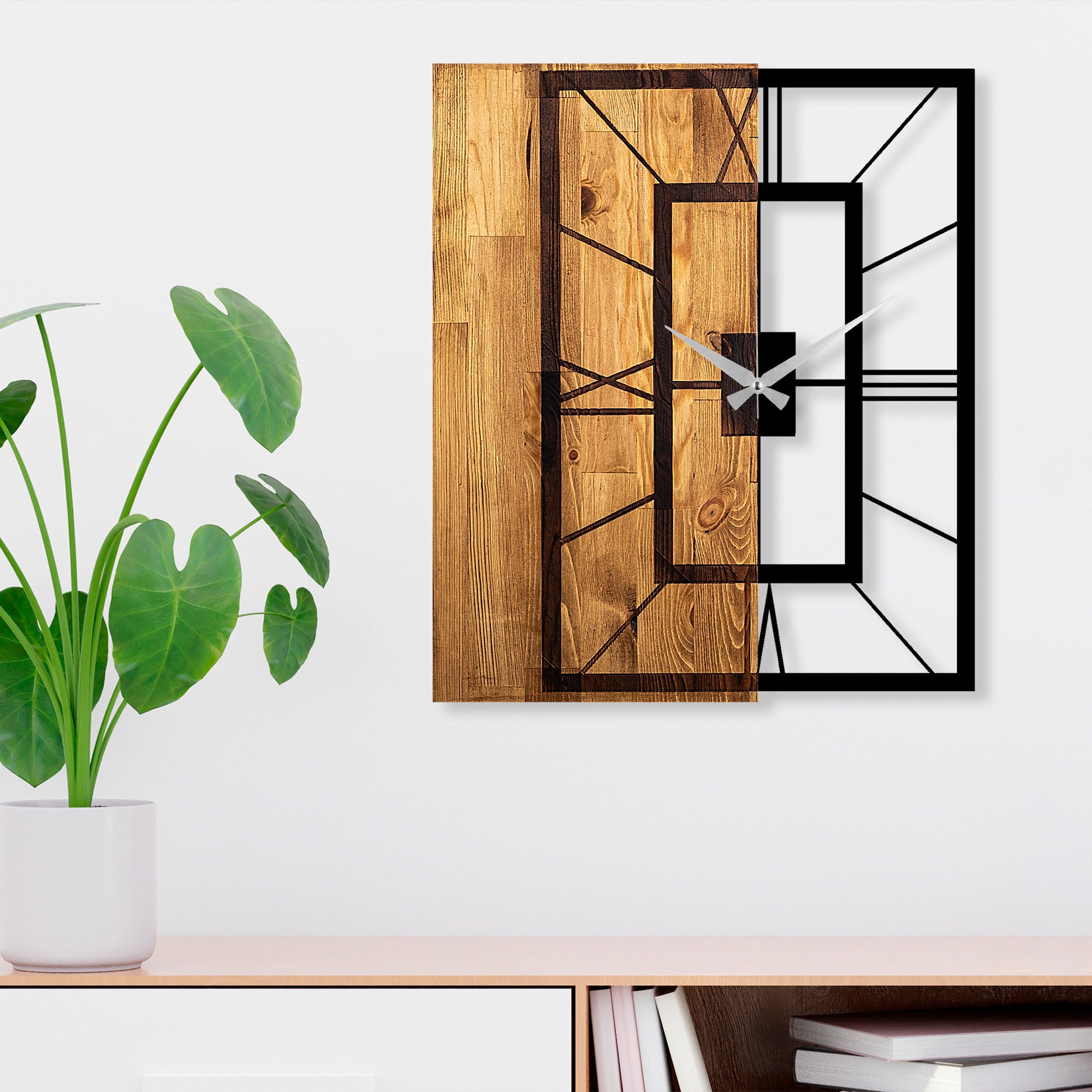 Relógio de parede elegante em madeira e metal – 49 x 3 x 58 cm – nogueira clara e preto