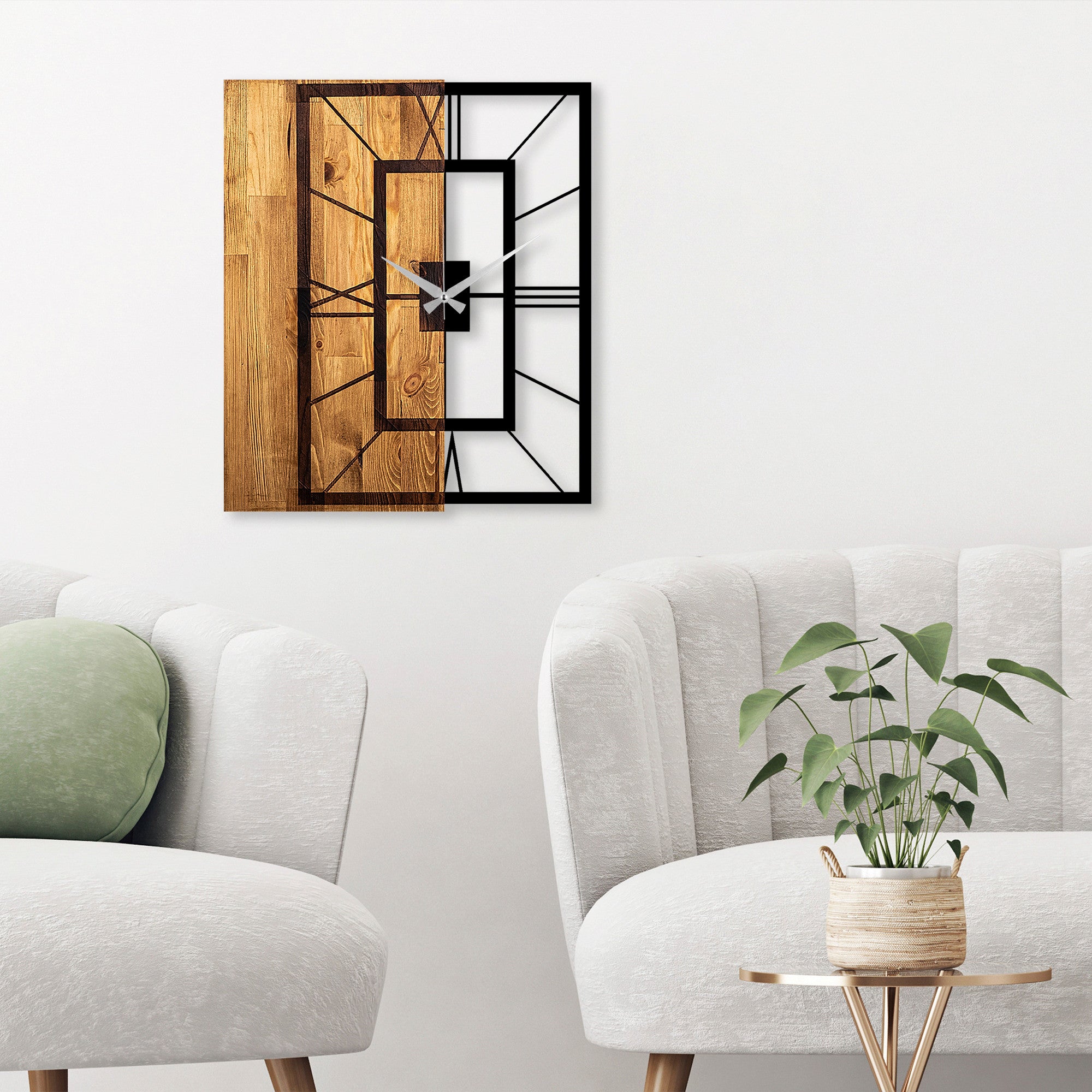 Relógio de parede elegante em madeira e metal – 49 x 3 x 58 cm – nogueira clara e preto